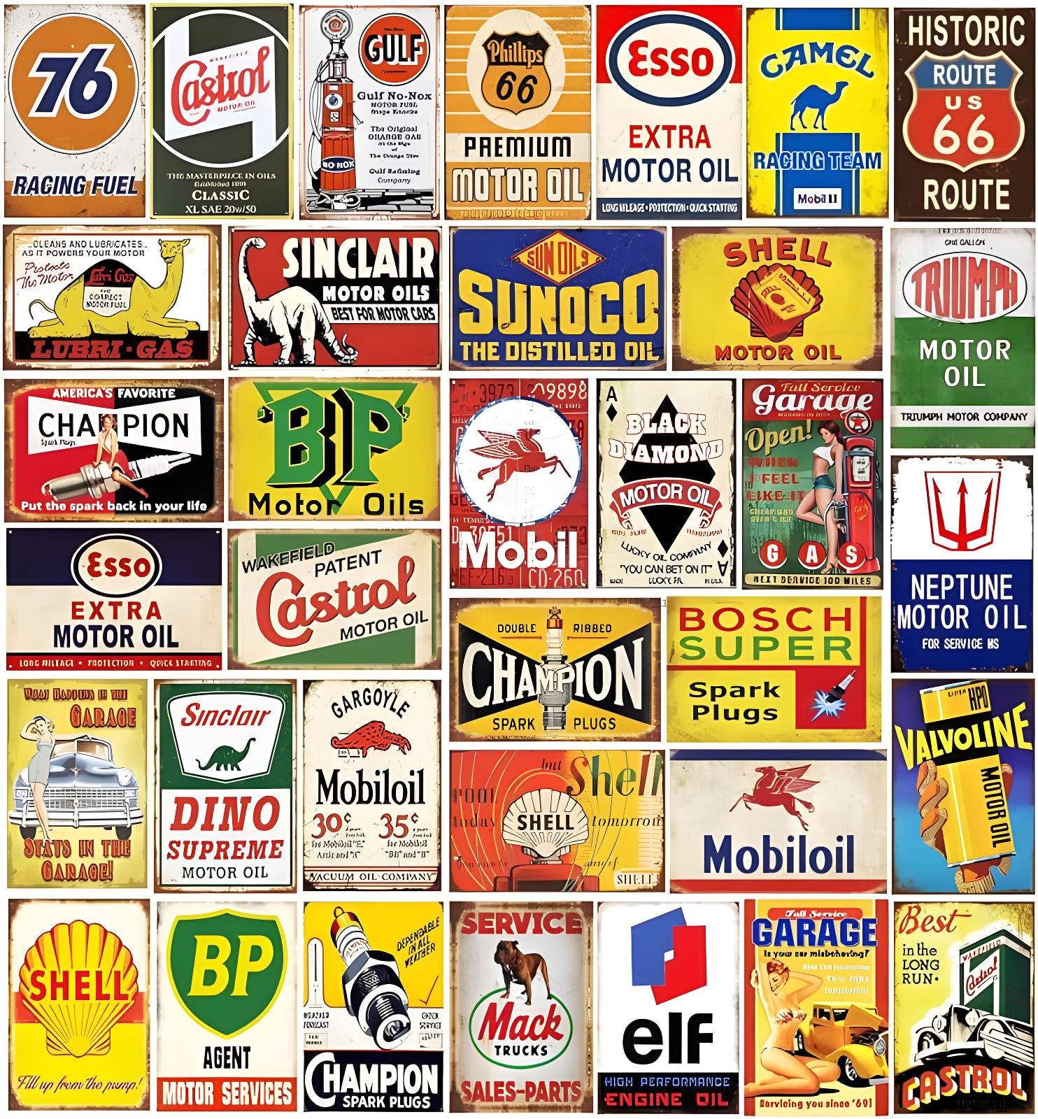 Reproduced Vintage Tin Sign Pack, Gas Oil Retro Advert Antique Metal Signs for Garage Man Cave Bar Kitchen, Nostalgic Car Decor, 8x12 Inch (35 Pieces A)