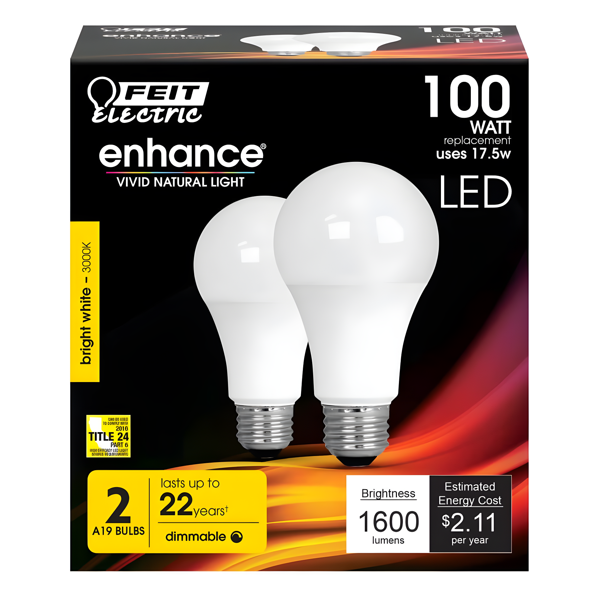 Feit Electric Enhance A19 E26 (Medium) LED Bulb Bright White 100 Watt Equivalence 2 pk
