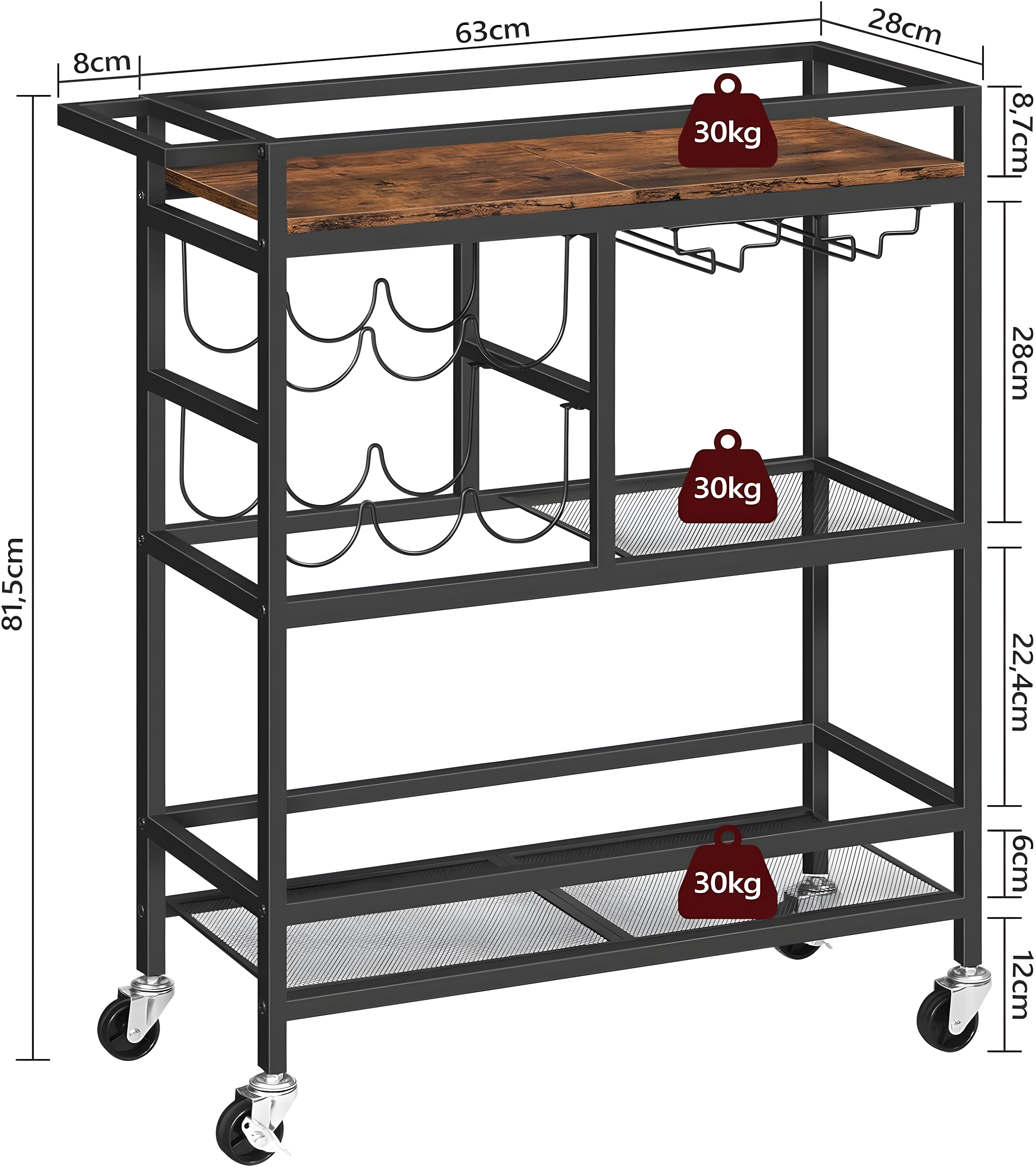 Bar Cart for Home, 3-Tier Serving Cart with Wheels and Handle, Beverage Cart with Wine Rack and Glass Holders, Rolling Wine Cart for Kitchen, Dining Room, Rustic Brown RCHR6101