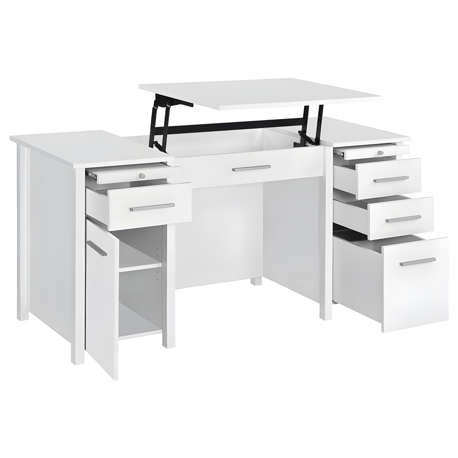 Dylan 4 Drawer Standing Office Desk with Cabinet White High Gloss - Coaster: Lift Top, Ergonomic Design, Brushed Zinc Handles