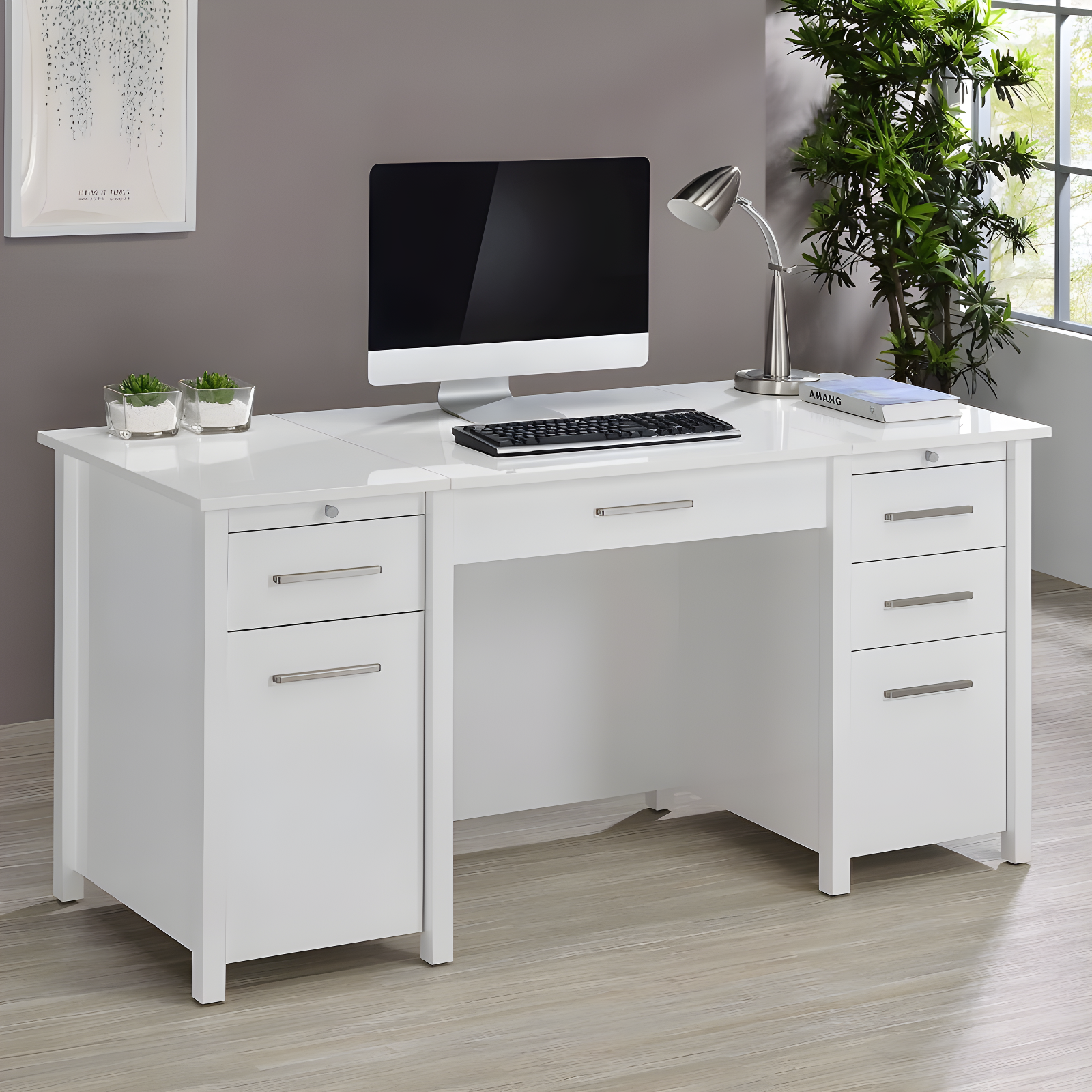 Dylan 4 Drawer Standing Office Desk with Cabinet White High Gloss - Coaster: Lift Top, Ergonomic Design, Brushed Zinc Handles