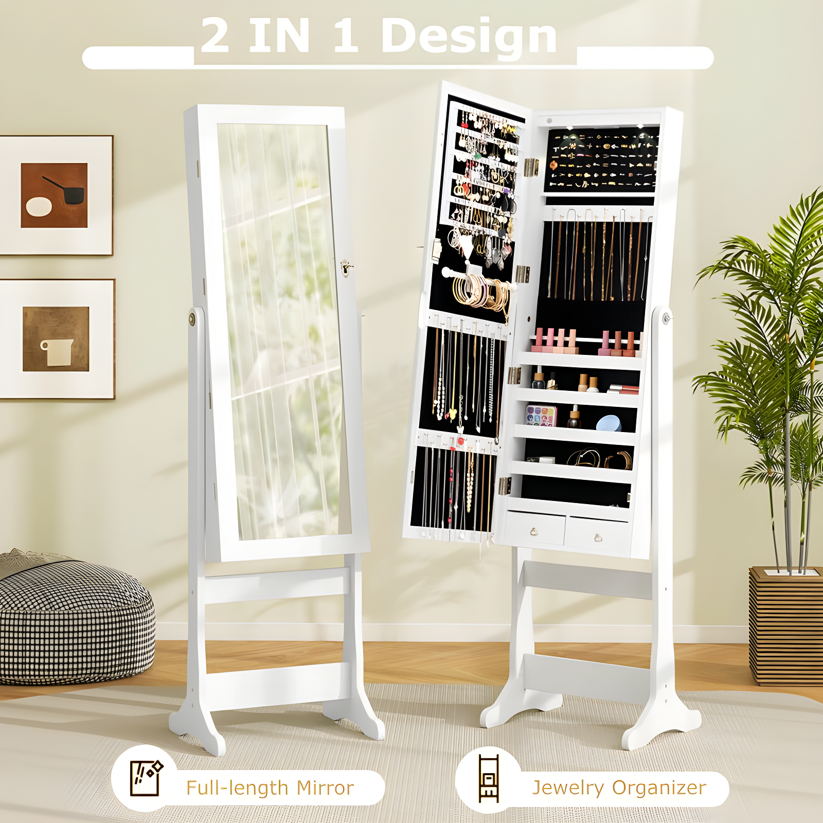Costway Mirrored Jewelry Cabinet Organizer Storage Box White