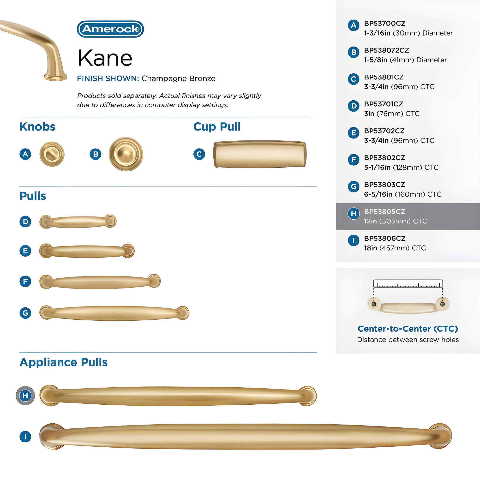 Kane 12 inch (305mm) Center-to-Center Champagne Bronze Appliance Pull