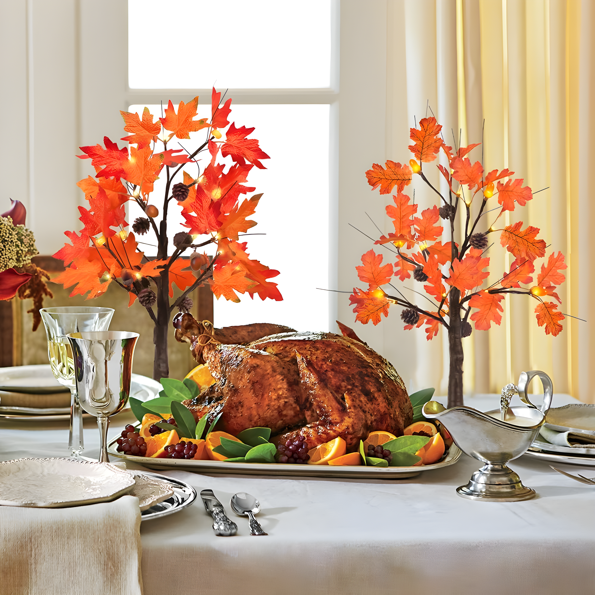 Fall Decorations For Home, 24”/2FT Lighted Fall Maple Leaves Tree With 24LT Warm White Leds For Autumn Decor, 12 Wood Acorns Ornaments Battery Powered Timer For Home Decor, Thanksgiving