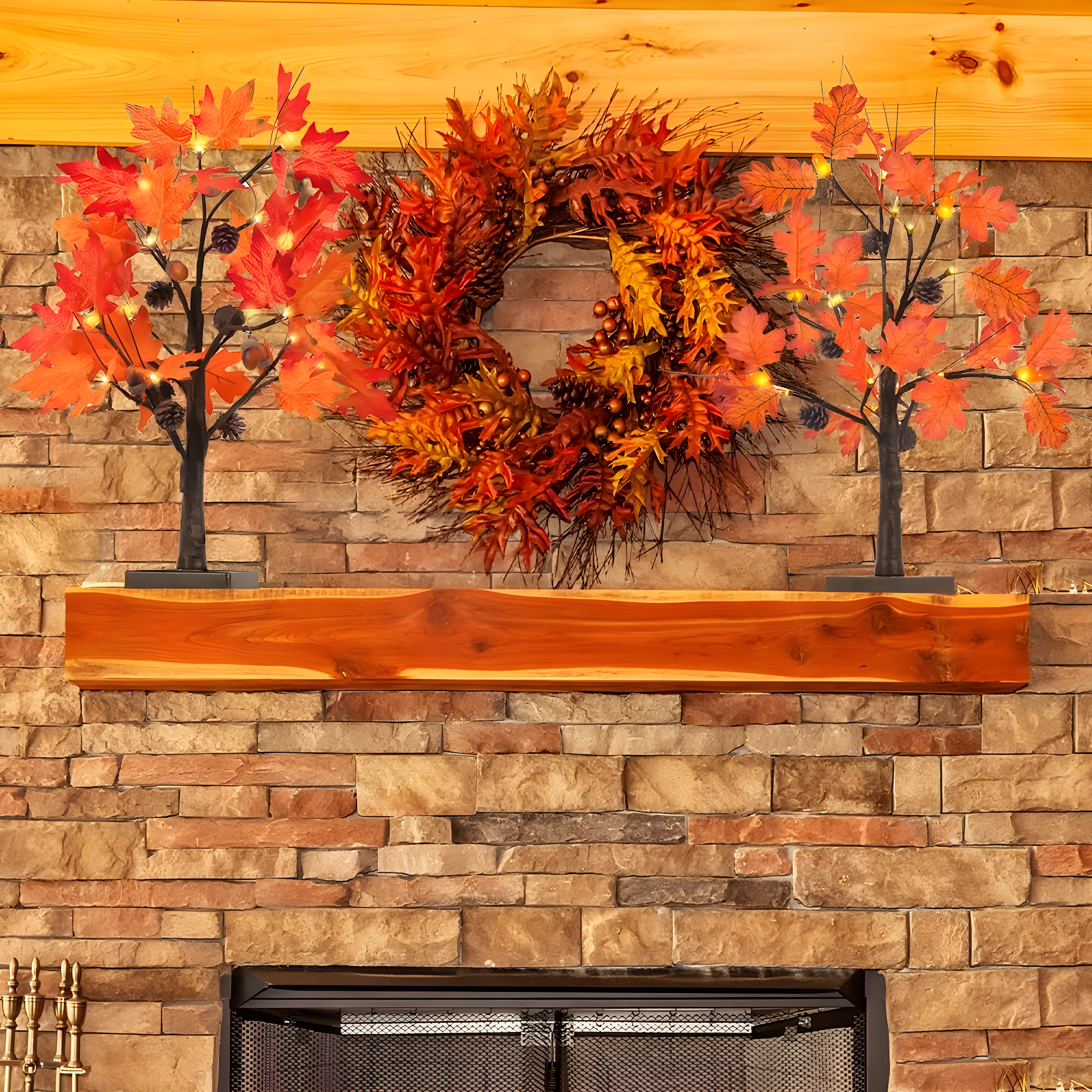 Fall Decorations For Home, 24”/2FT Lighted Fall Maple Leaves Tree With 24LT Warm White Leds For Autumn Decor, 12 Wood Acorns Ornaments Battery Powered Timer For Home Decor, Thanksgiving