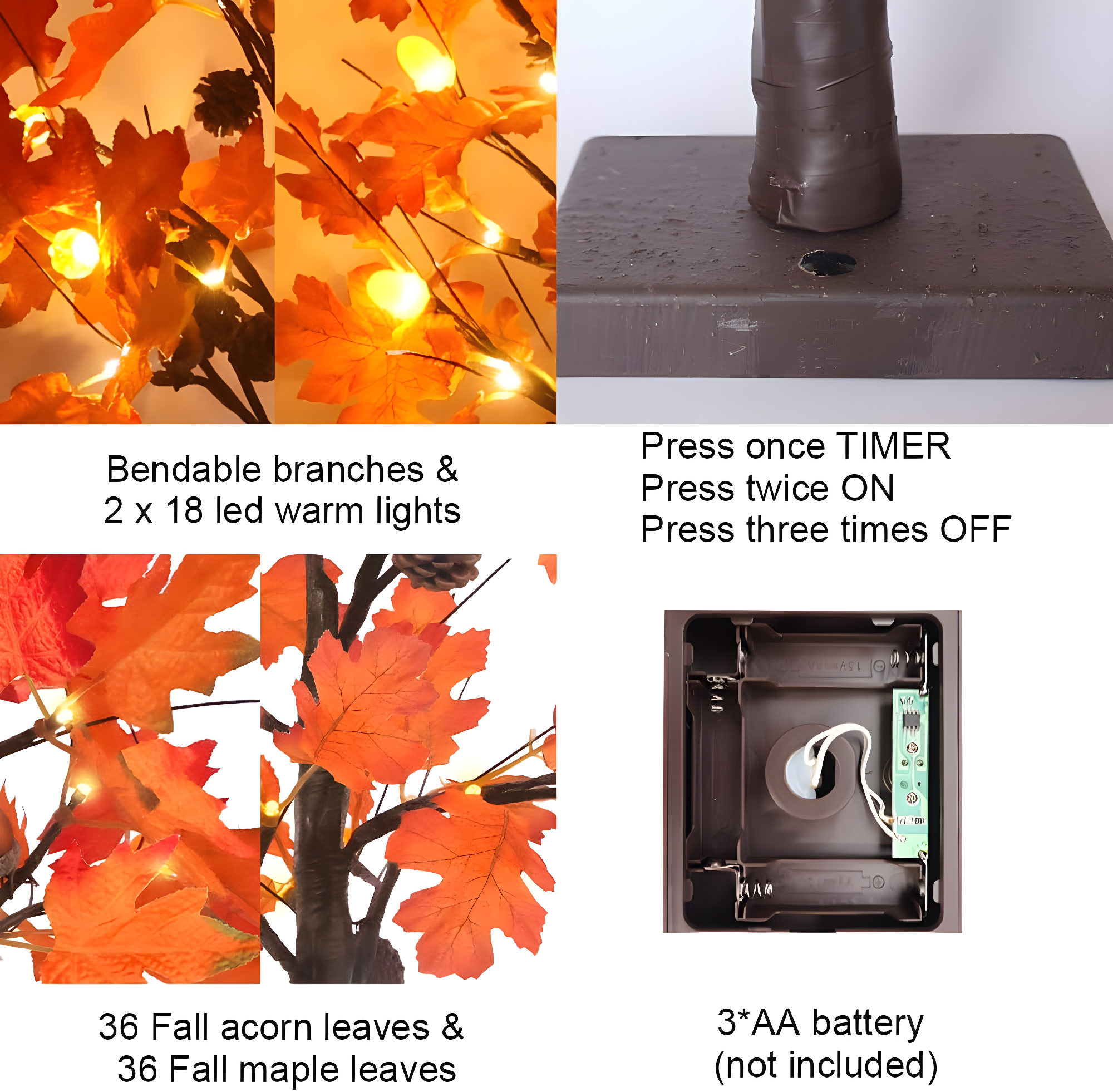 Fall Decorations For Home, 24”/2FT Lighted Fall Maple Leaves Tree With 24LT Warm White Leds For Autumn Decor, 12 Wood Acorns Ornaments Battery Powered Timer For Home Decor, Thanksgiving
