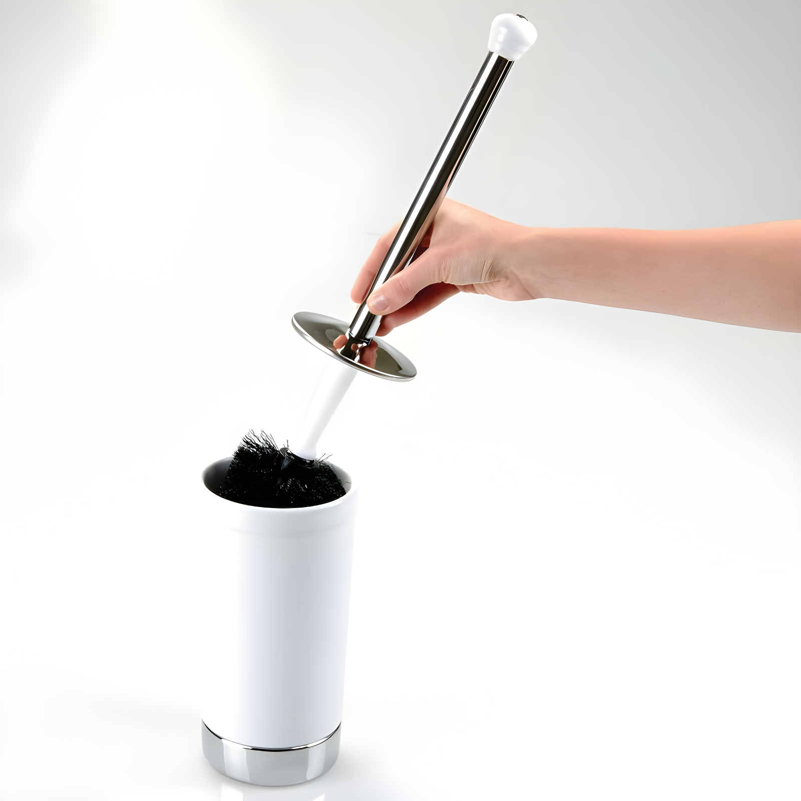iDesign iDesign York Ceramic and Metal Toilet Bowl Brush Set, Classic Design Slim Compact Bowl Brush and Holder, 4.25" x 4.25" x 17.5", White and Chrome