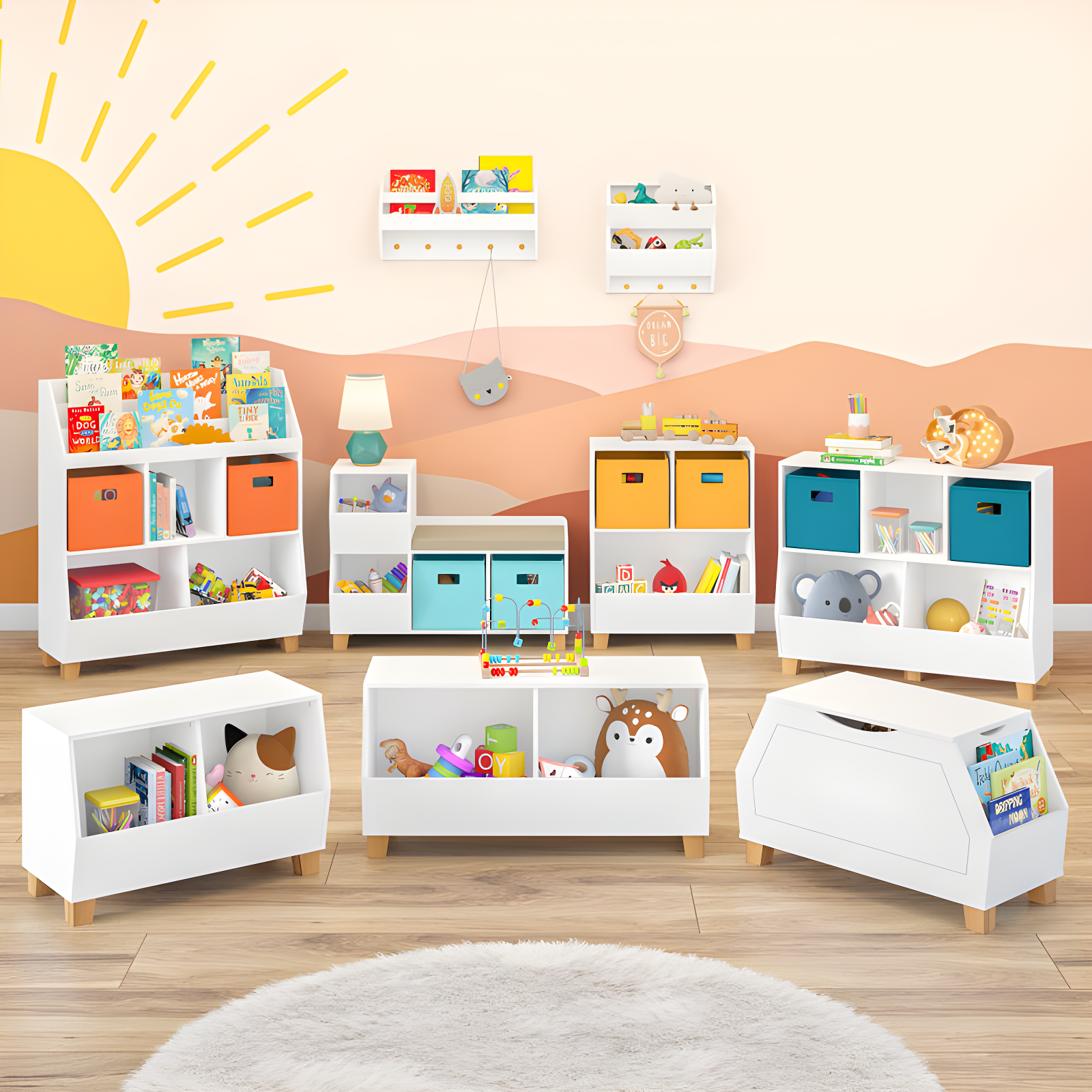 RiverRidge Home RiverRidge Kids Playroom Catch-All Game and Toy Storage Organizer Box with Side Bookshelves