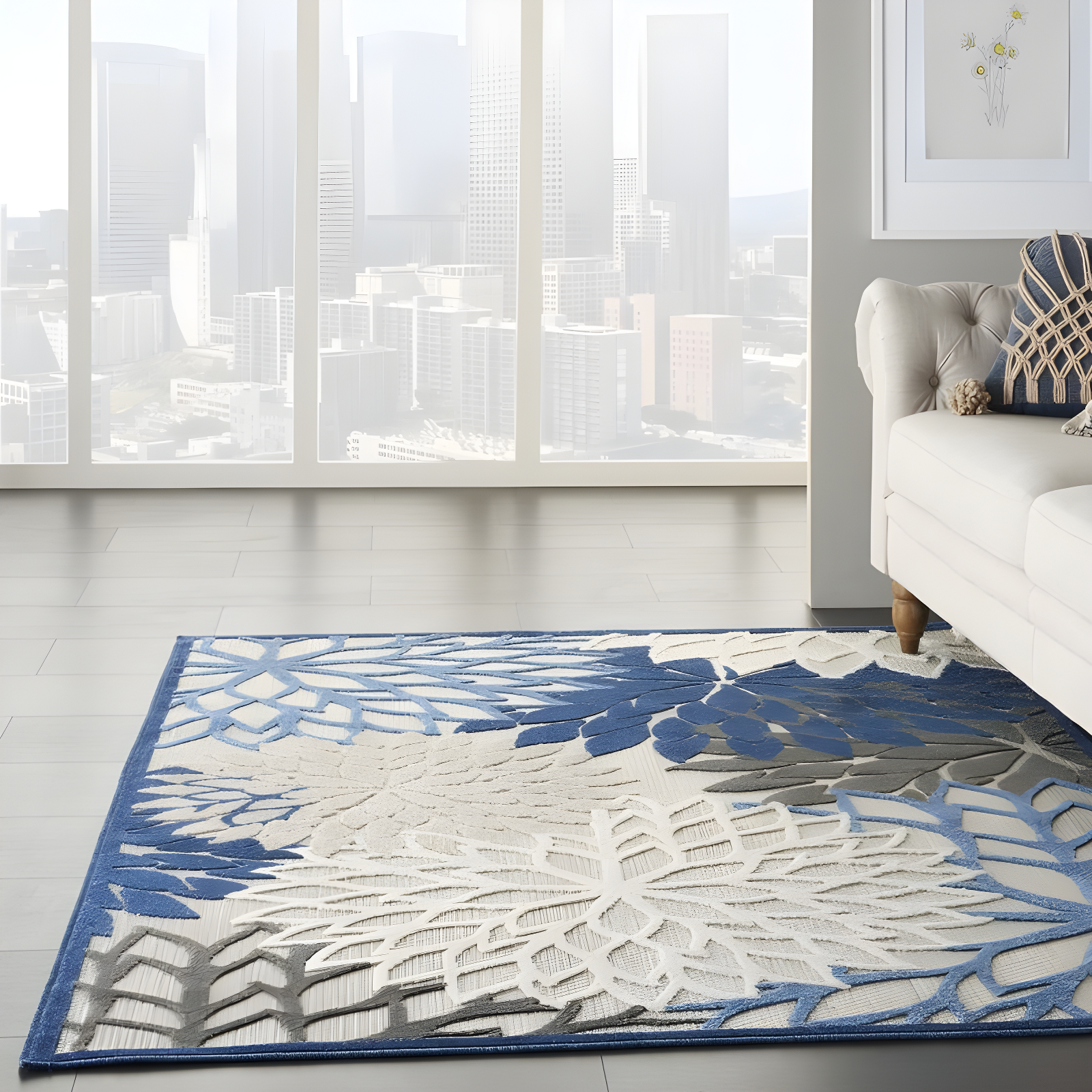 Nourison Aloha Floral Bloom Flatweave High-Low Indoor Outdoor Area Rug Blue/Multicolor 3'6" x 5'6"