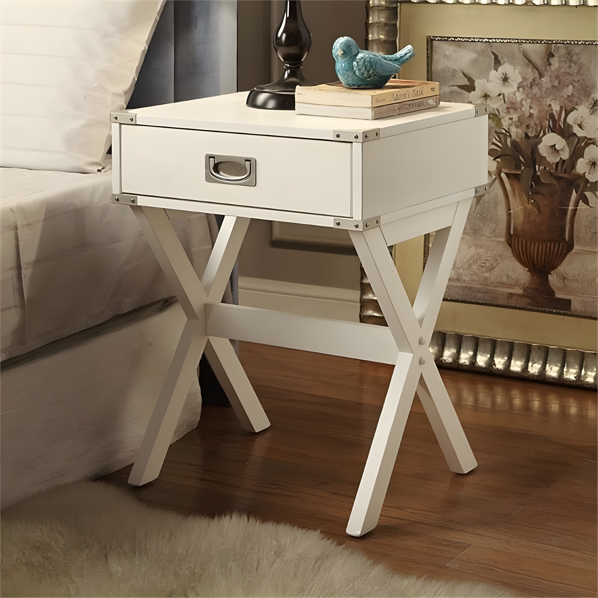 Hassch Rustic Nightstand Wood End Table Side Table with 1 Storage Drawers, White
