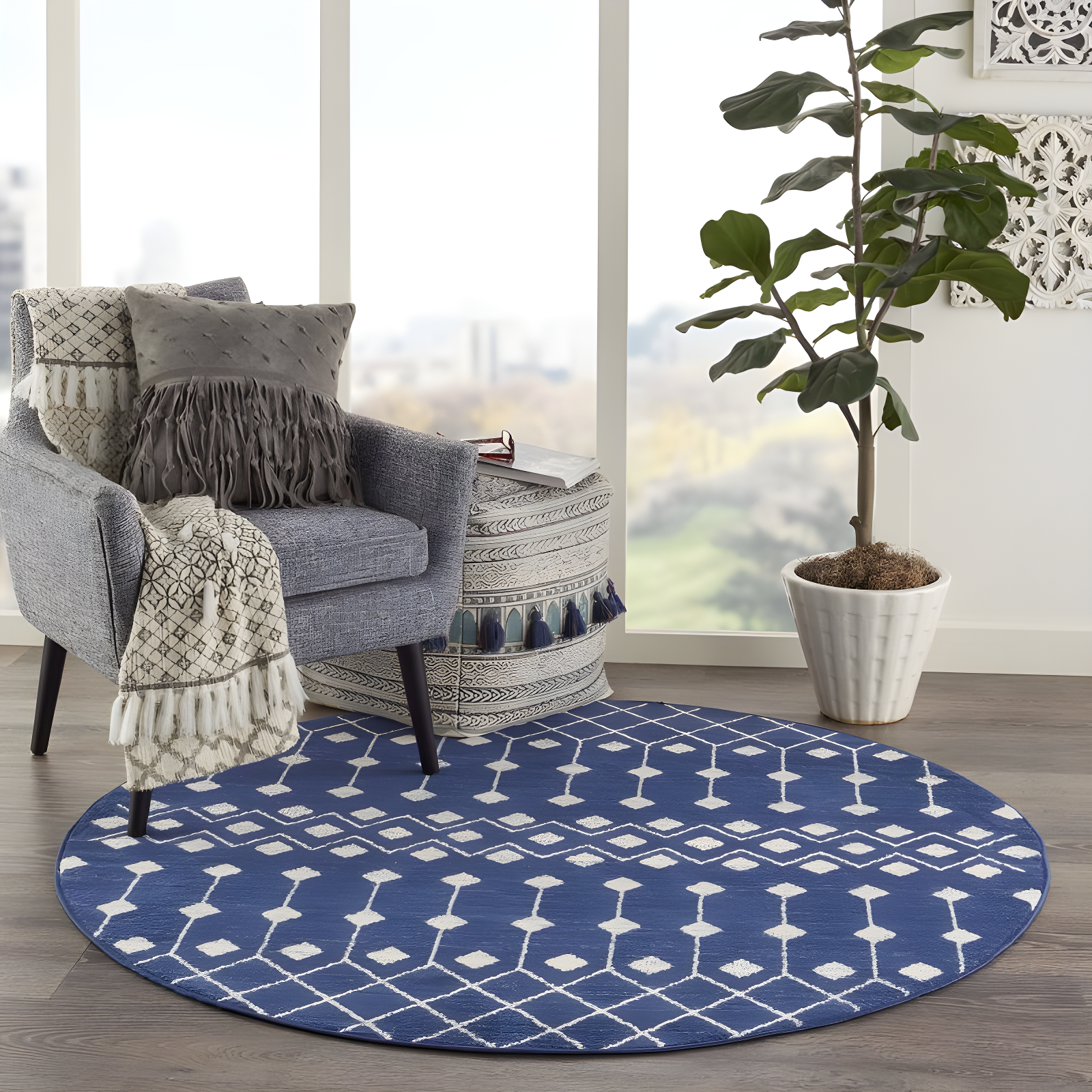 Nourison Grafix GRF37 Indoor Area Rug Navy 5'3" x ROUND