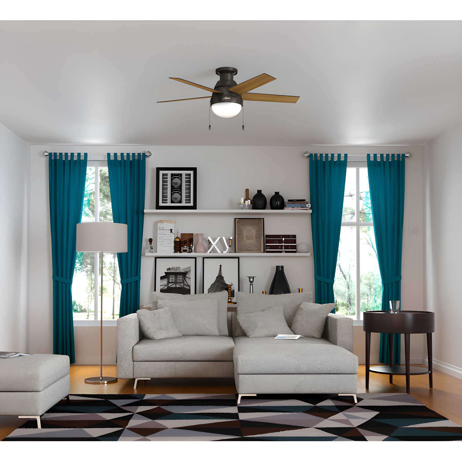 46" Anslee 5 - Blade LED Flush Mount Ceiling Fan with Pull Chain and Light Kit Included