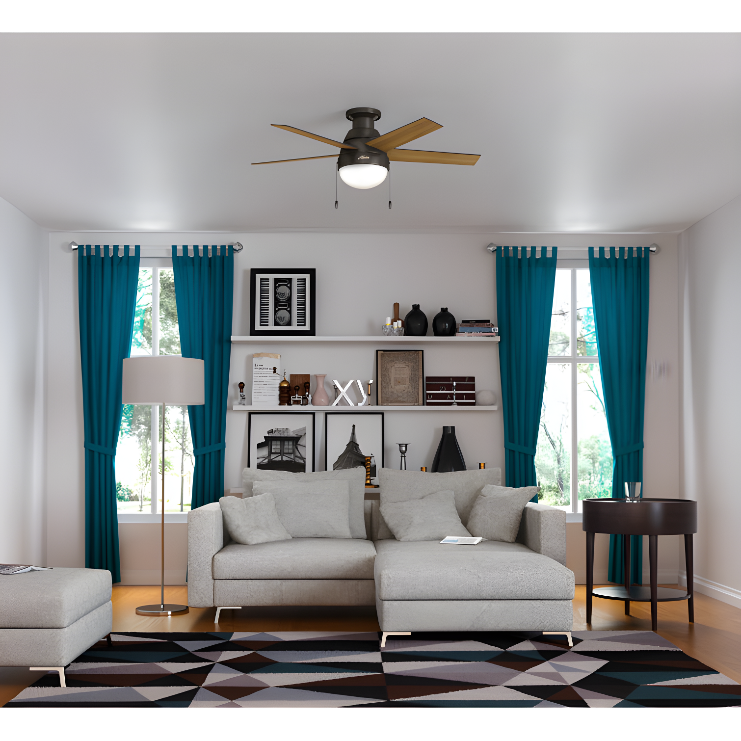 46" Anslee 5 - Blade LED Flush Mount Ceiling Fan with Pull Chain and Light Kit Included