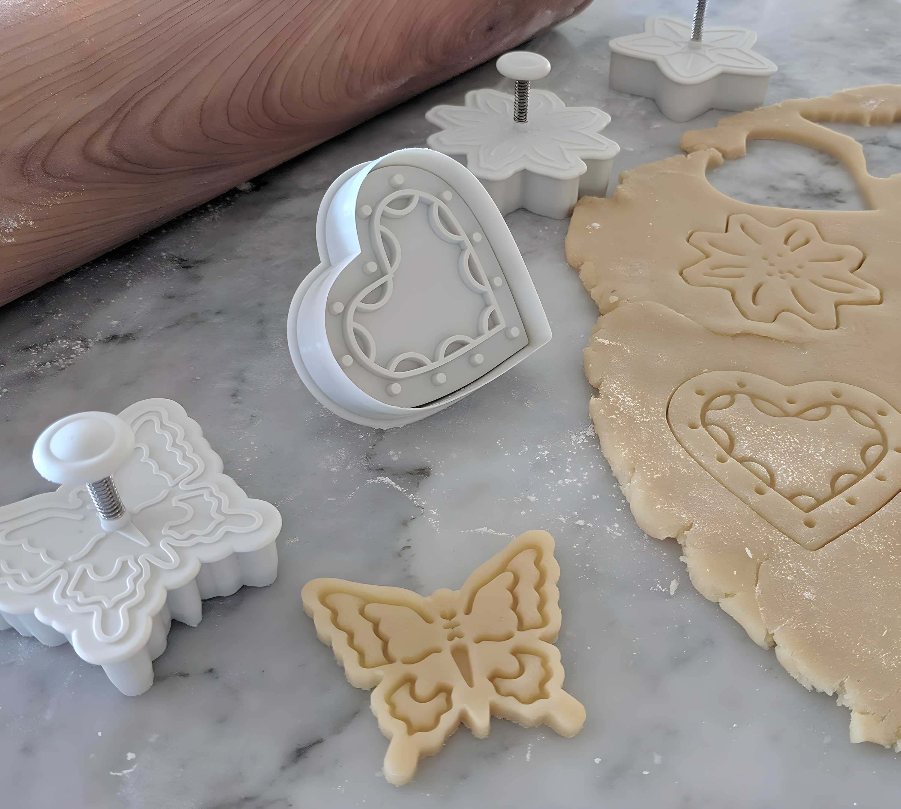 White Plastic Heart-Shaped Cookie Stamp and Cutter Set