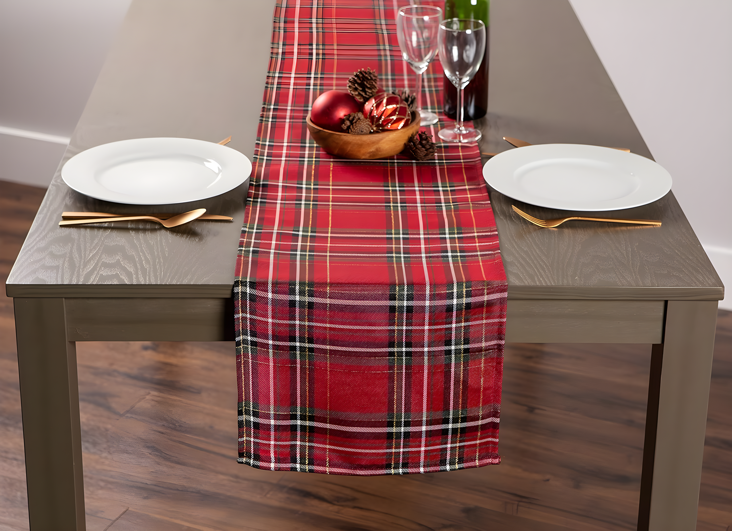 Design Imports  Christmas Metallic Plaid Table Runner, Red Tartan, 14X72"