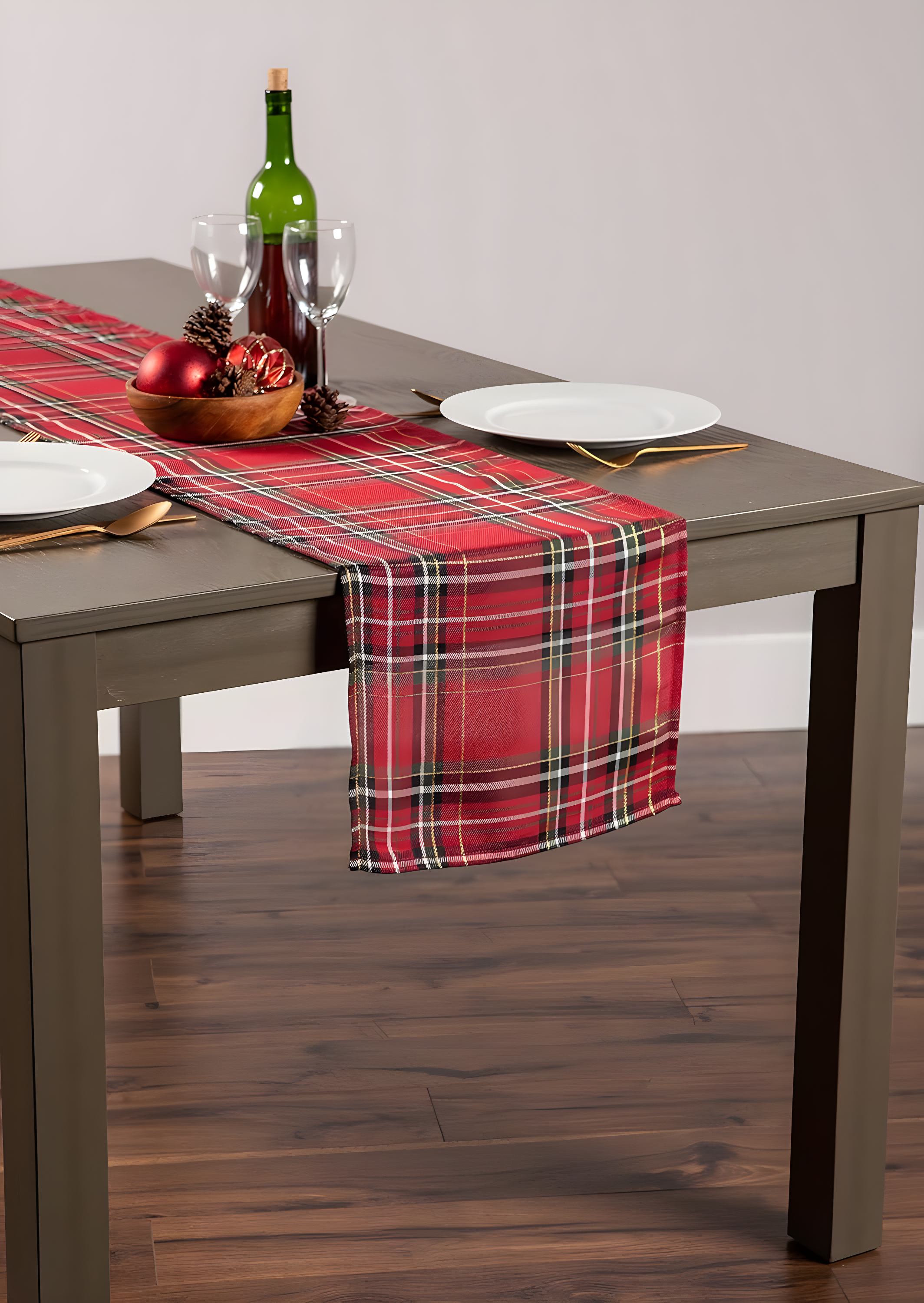 Design Imports  Christmas Metallic Plaid Table Runner, Red Tartan, 14X72"