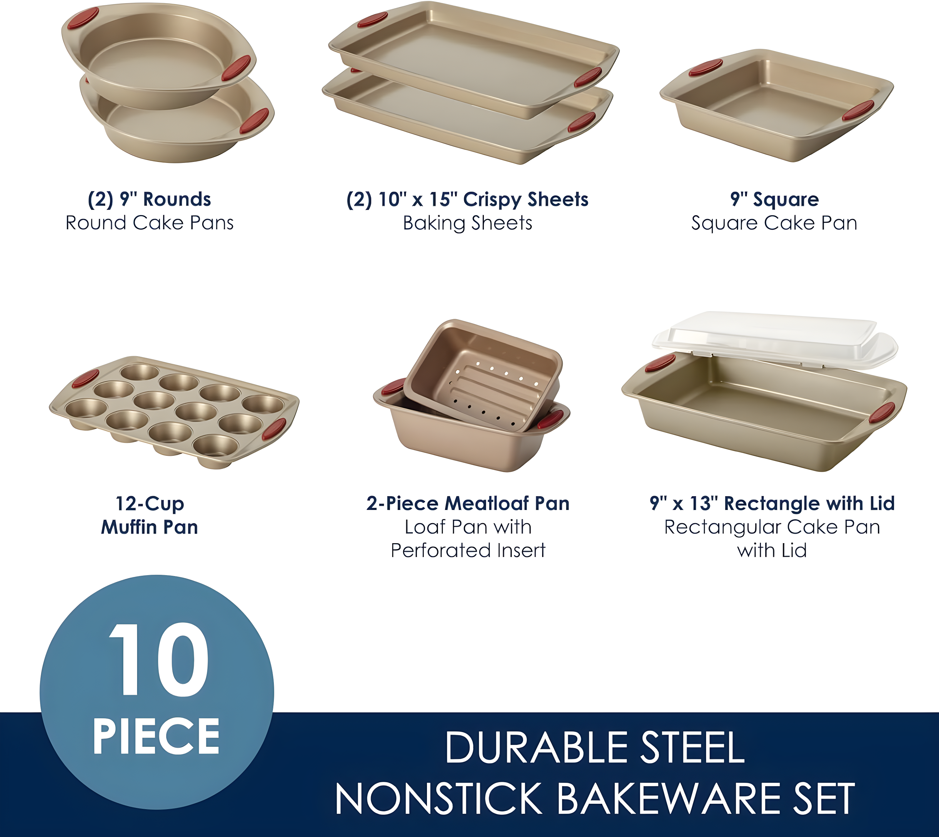 Rachael Ray Cucina Nonstick Bakeware Baking Pans Set, 10 Piece, Latte Brown and Cranberry Red