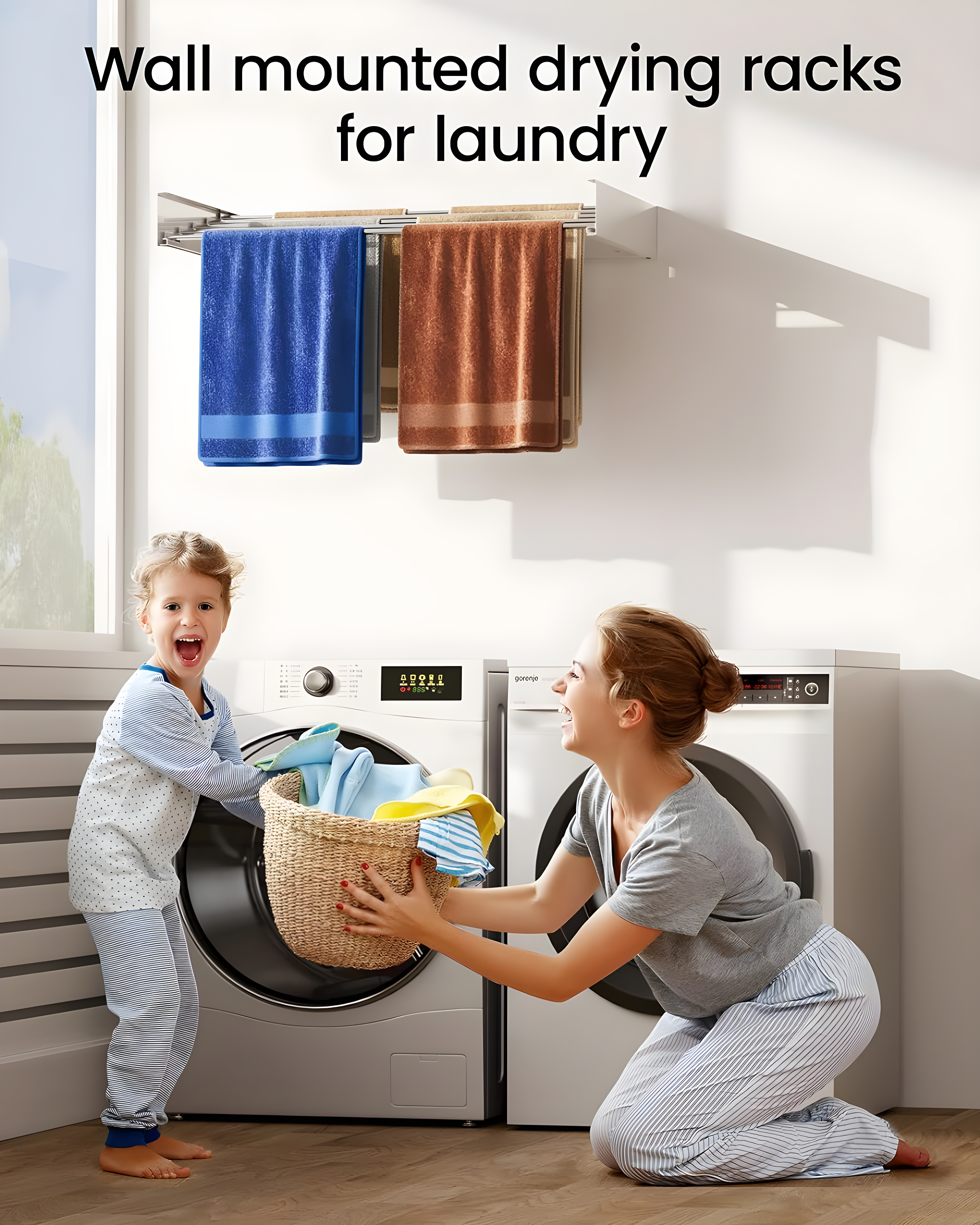 Laundry Drying Rack Wall Mounted Clothes Drying Rack Collapsible 31.5" Wide with 13.2 Linear Ft and 5 Aluminum Rods Drilling Template Long Screwdriver Bit 60 lbs Capacity White