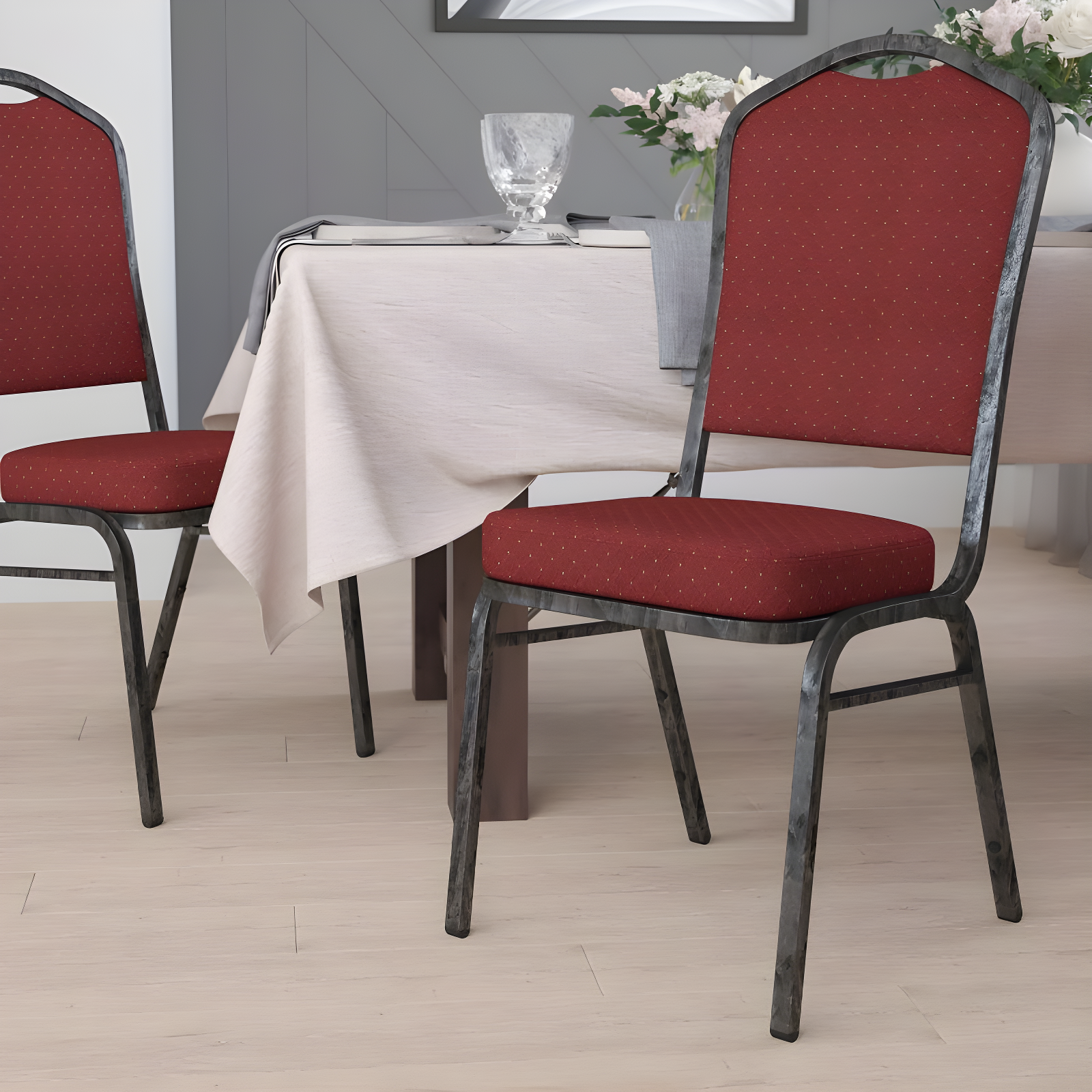 Flash Furniture HERCULES Series Crown Back Stacking Banquet Chair in Burgundy Patterned Fabric - Silver Vein Frame