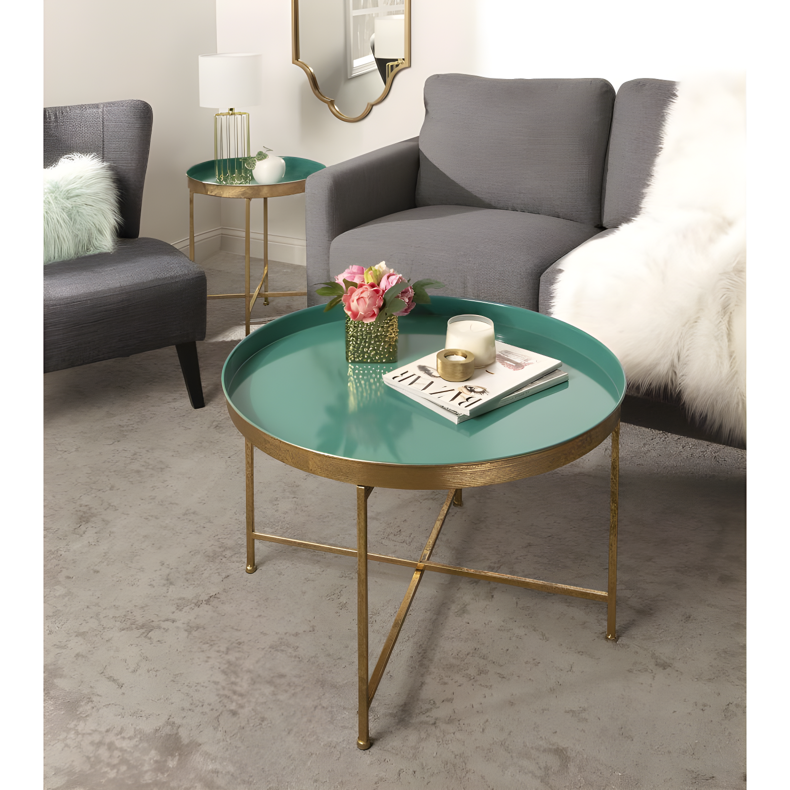 Kate and Laurel Celia Round Metal Coffee Table, 28.25x28.25x19, Teal and Gold