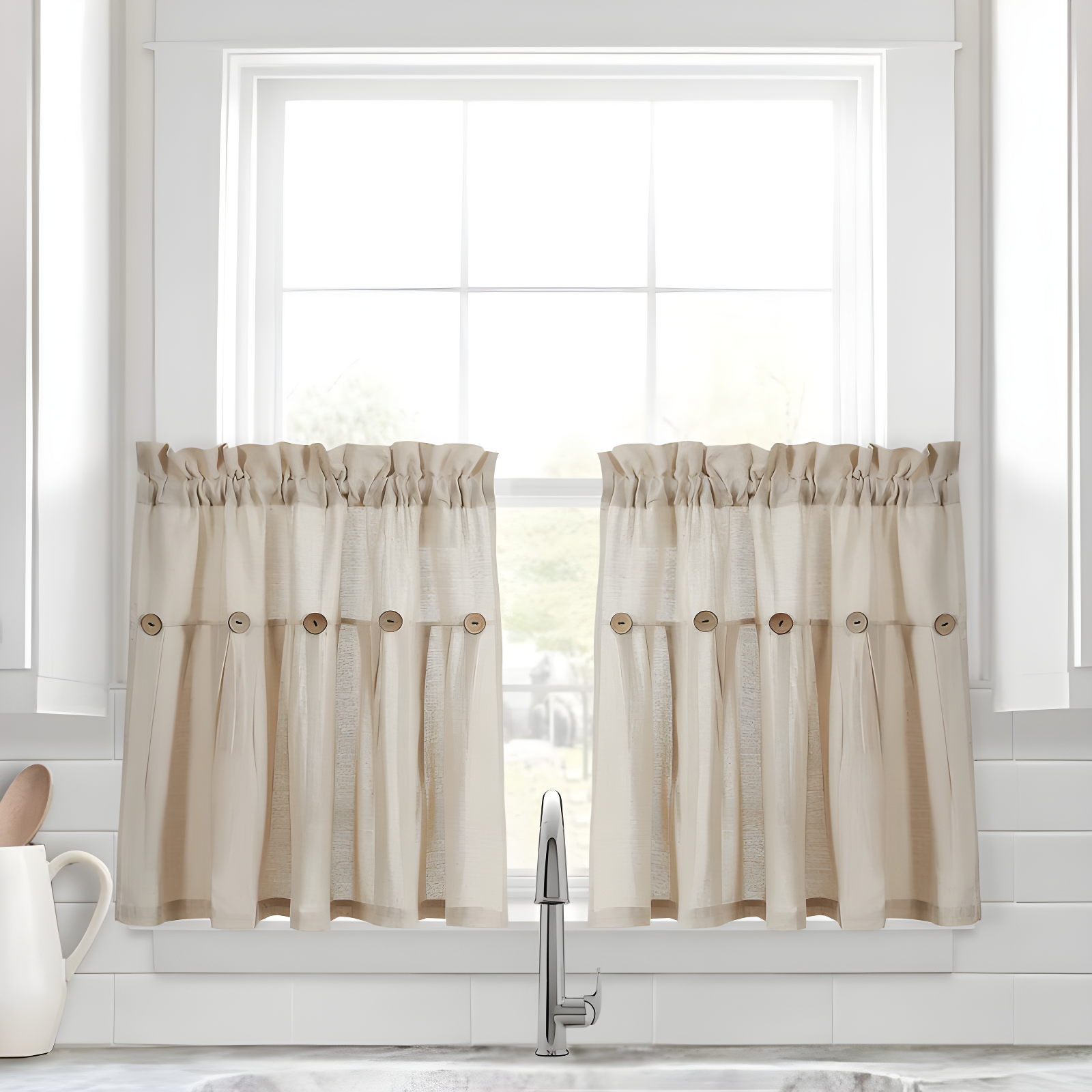 Lush Decor Linen Button Cotton Blend Tailored 29'' W Cafe Curtain (Set of 2)