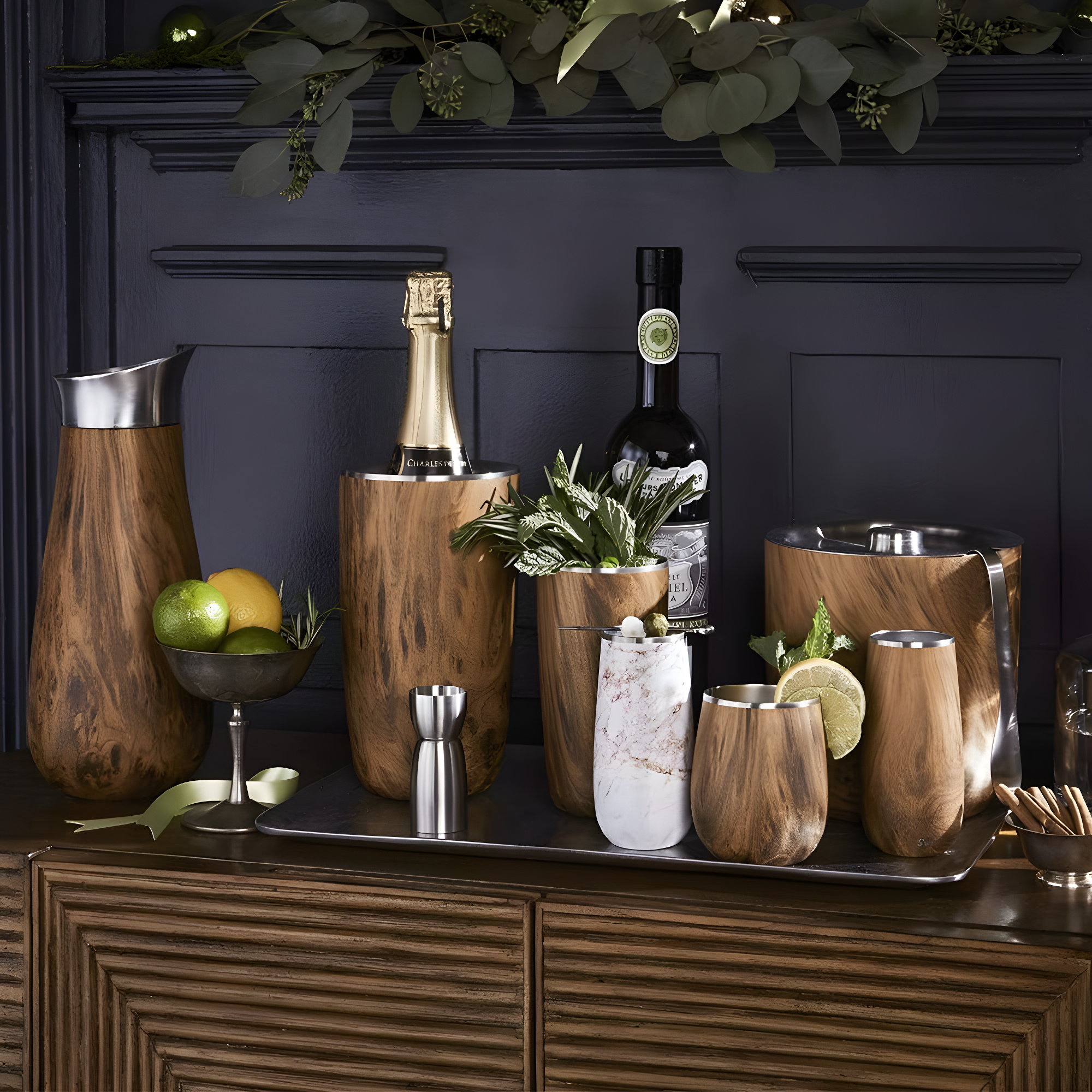 S'well Wood Triple-Layered Vacuum-Insulated Stainless Steel Ice Bucket with Tongs, Teakwood