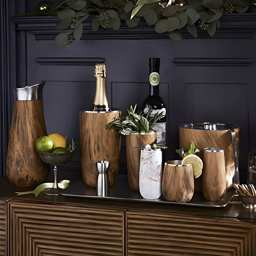 S'well Wood Triple-Layered Vacuum-Insulated Stainless Steel Ice Bucket with Tongs, Teakwood