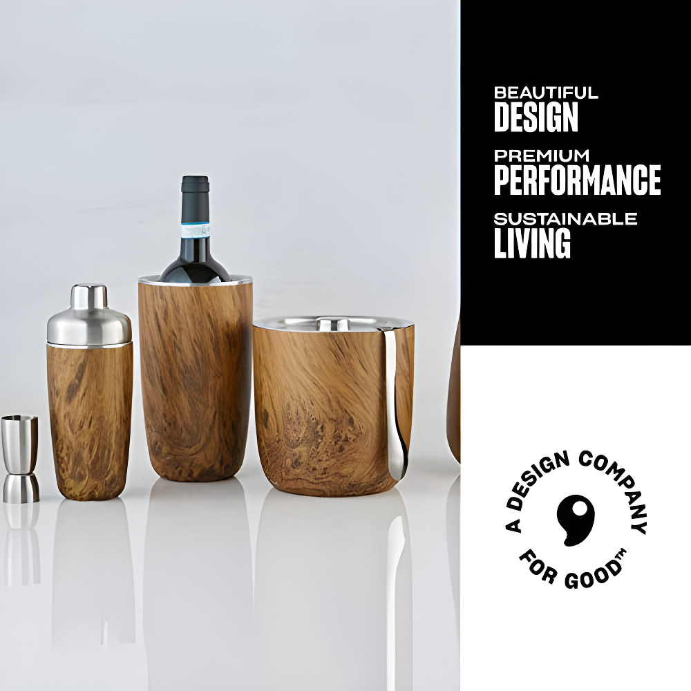 S'well Wood Triple-Layered Vacuum-Insulated Stainless Steel Ice Bucket with Tongs, Teakwood