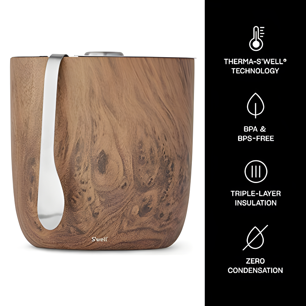 S'well Wood Triple-Layered Vacuum-Insulated Stainless Steel Ice Bucket with Tongs, Teakwood