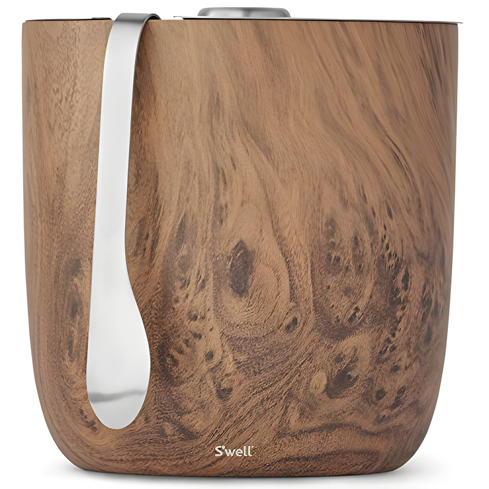 S'well Wood Triple-Layered Vacuum-Insulated Stainless Steel Ice Bucket with Tongs, Teakwood
