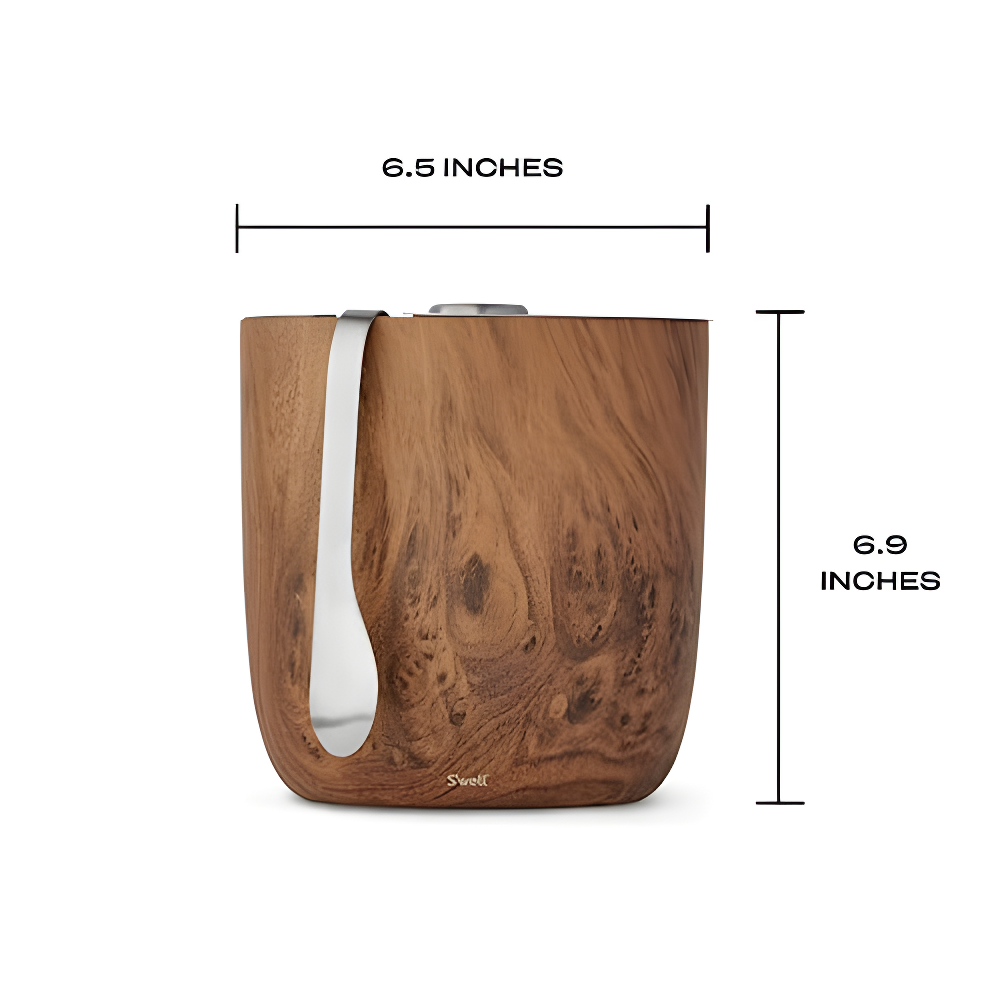 S'well Wood Triple-Layered Vacuum-Insulated Stainless Steel Ice Bucket with Tongs, Teakwood