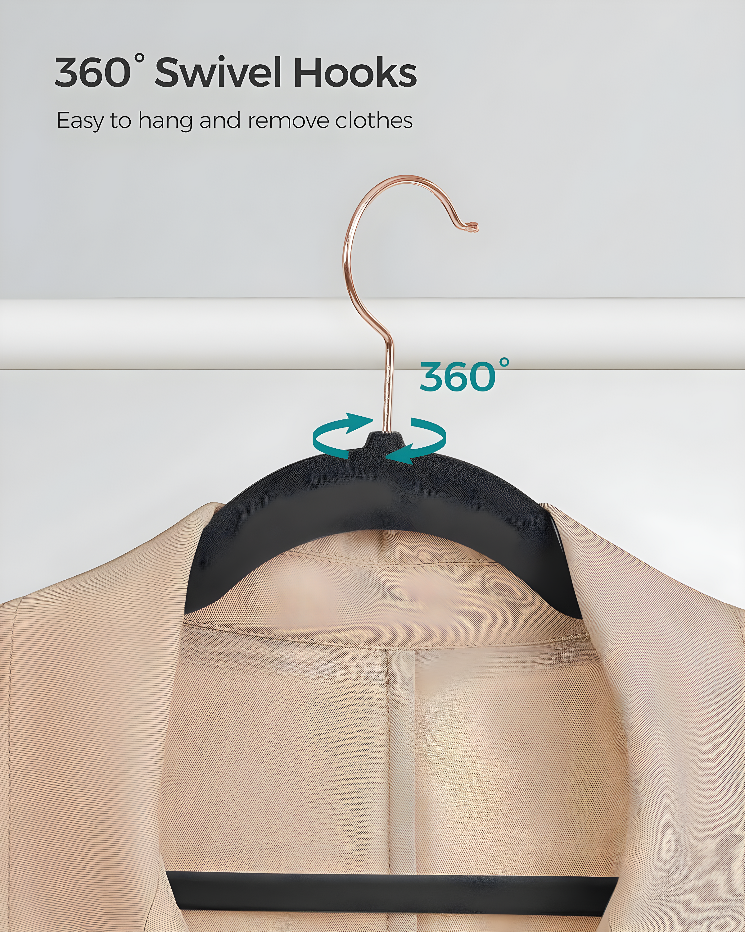 SONGMICS Velvet Hangers 50 Pack, Non-Slip with Rose Gold-Colored Swivel Hooks, Slim Space-Saving for Closet, Heavy-Duty, Black UCRF026B50