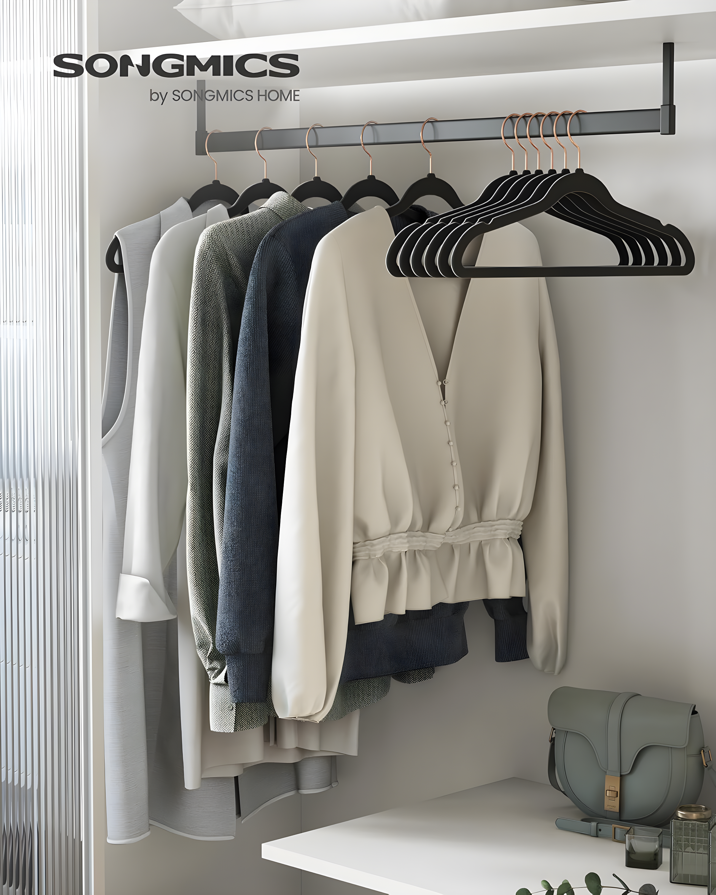 SONGMICS Velvet Hangers 50 Pack, Non-Slip with Rose Gold-Colored Swivel Hooks, Slim Space-Saving for Closet, Heavy-Duty, Black UCRF026B50
