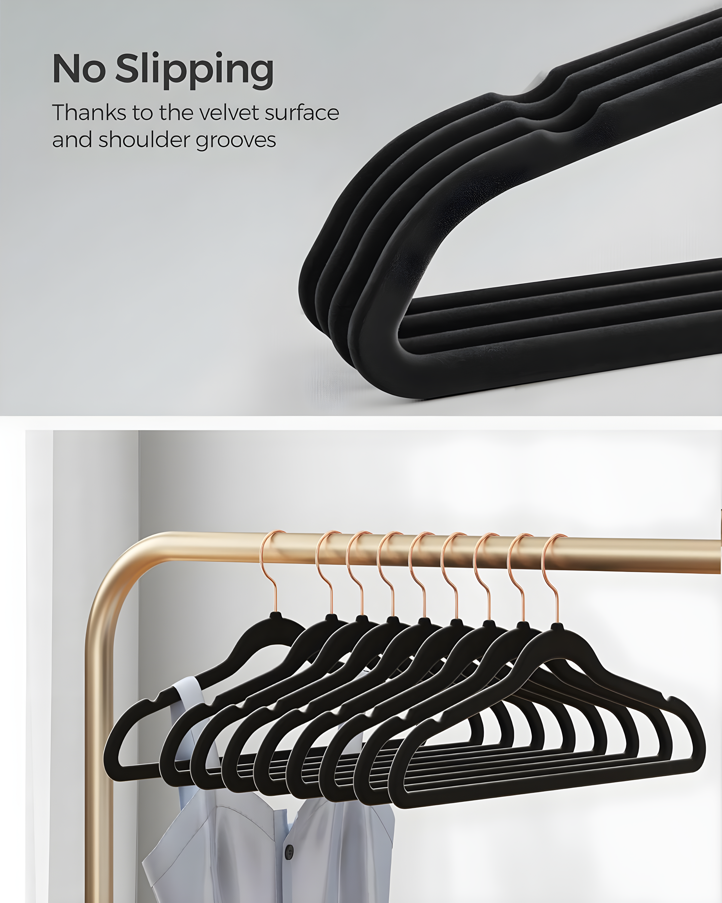 SONGMICS Velvet Hangers 50 Pack, Non-Slip with Rose Gold-Colored Swivel Hooks, Slim Space-Saving for Closet, Heavy-Duty, Black UCRF026B50