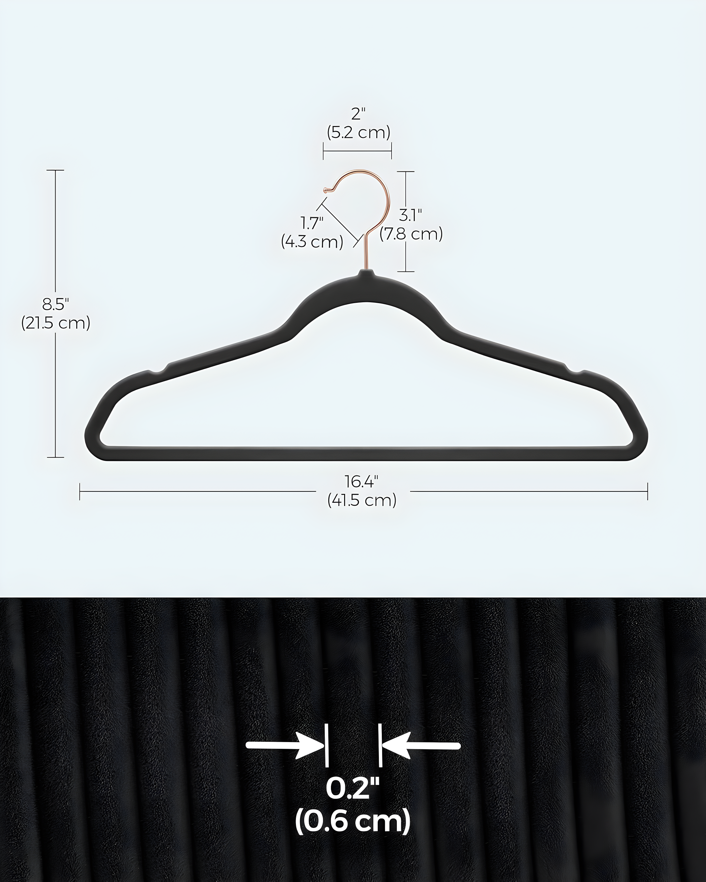 SONGMICS Velvet Hangers 50 Pack, Non-Slip with Rose Gold-Colored Swivel Hooks, Slim Space-Saving for Closet, Heavy-Duty, Black UCRF026B50