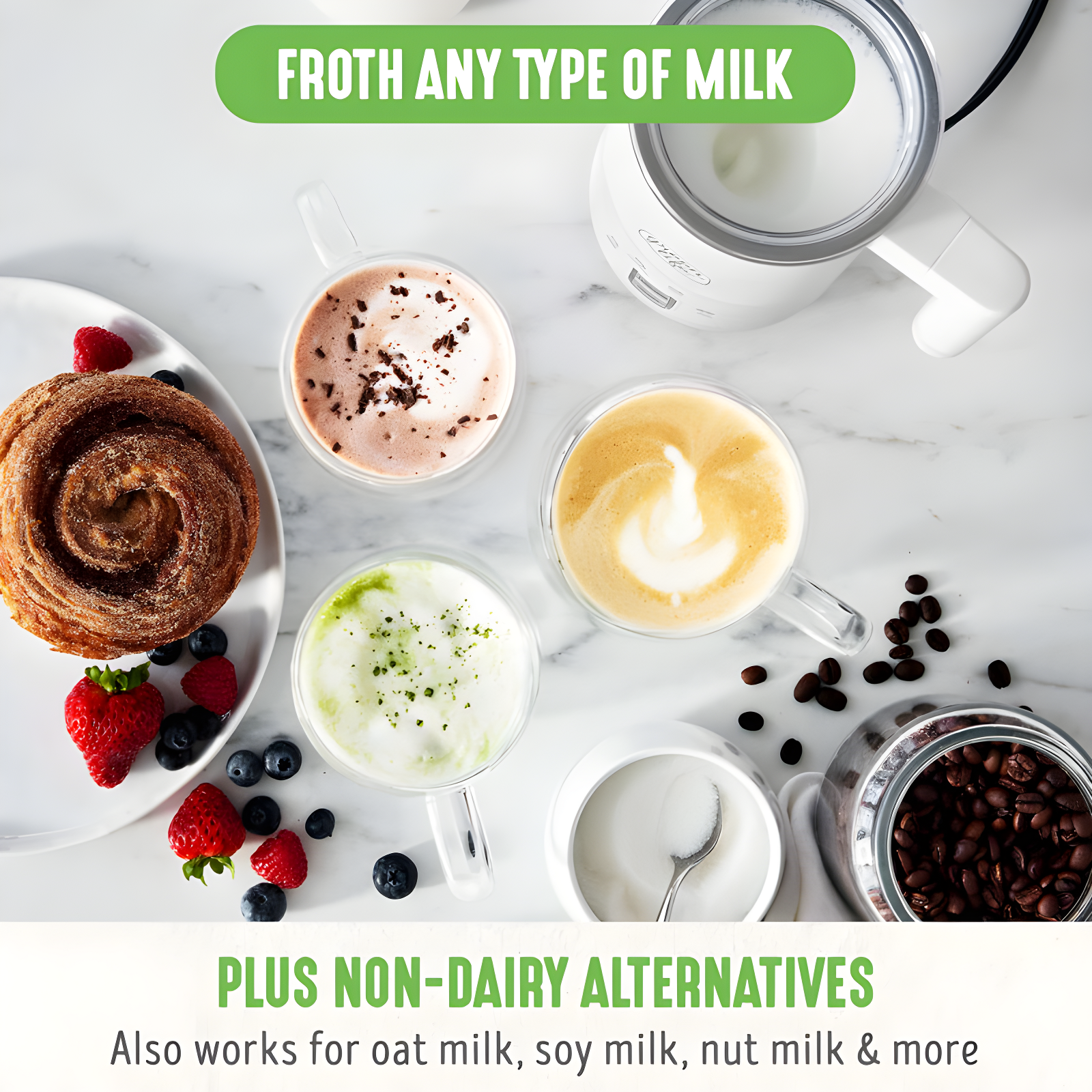 GreenLife GreenLife 10oz Electric Milk Frother, 4-in-1 Hot and Cold Milk Warmer and Steamer, PFOA / PFAS Free