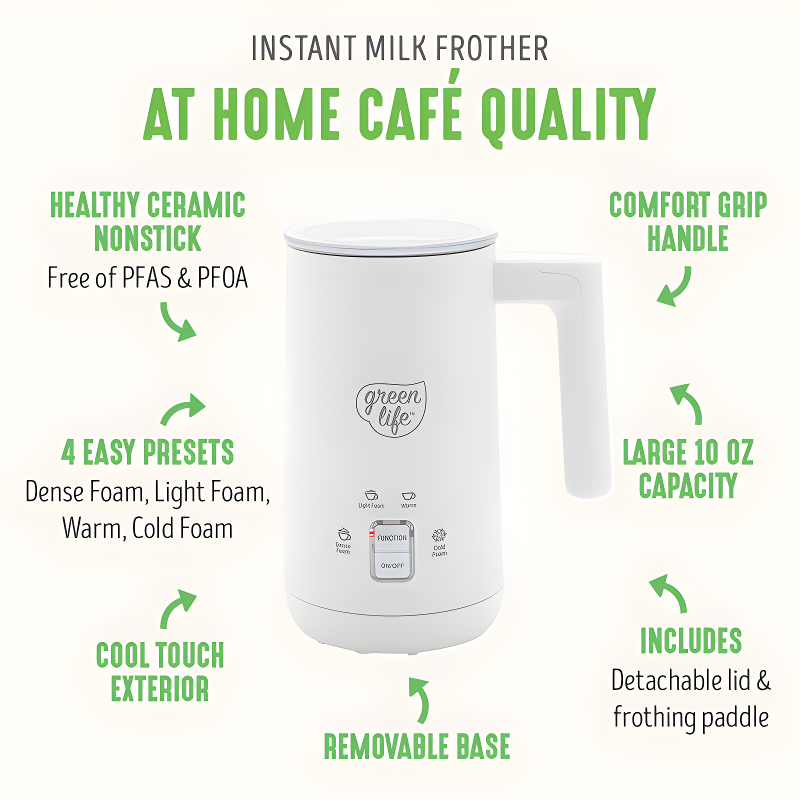 GreenLife GreenLife 10oz Electric Milk Frother, 4-in-1 Hot and Cold Milk Warmer and Steamer, PFOA / PFAS Free