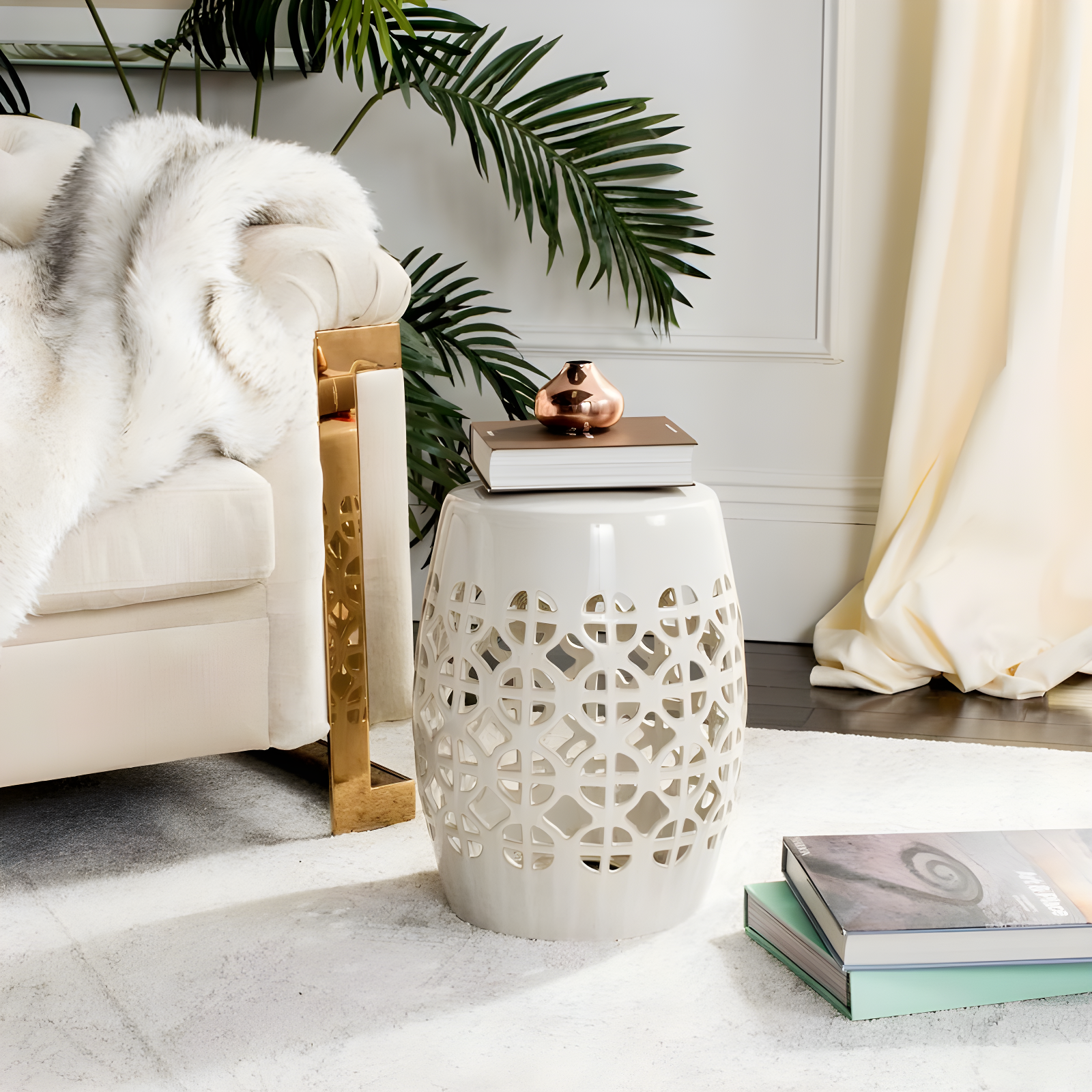 Circle Lattice Garden Stool - Indoor/Outdoor - ACS4508 - Creme - Safavieh