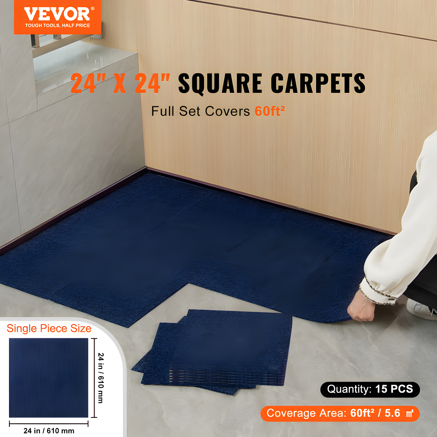 VEVOR 24'' W x 24'' L Level Cut And Loop Polyester Carpet Tile (Set of 15)