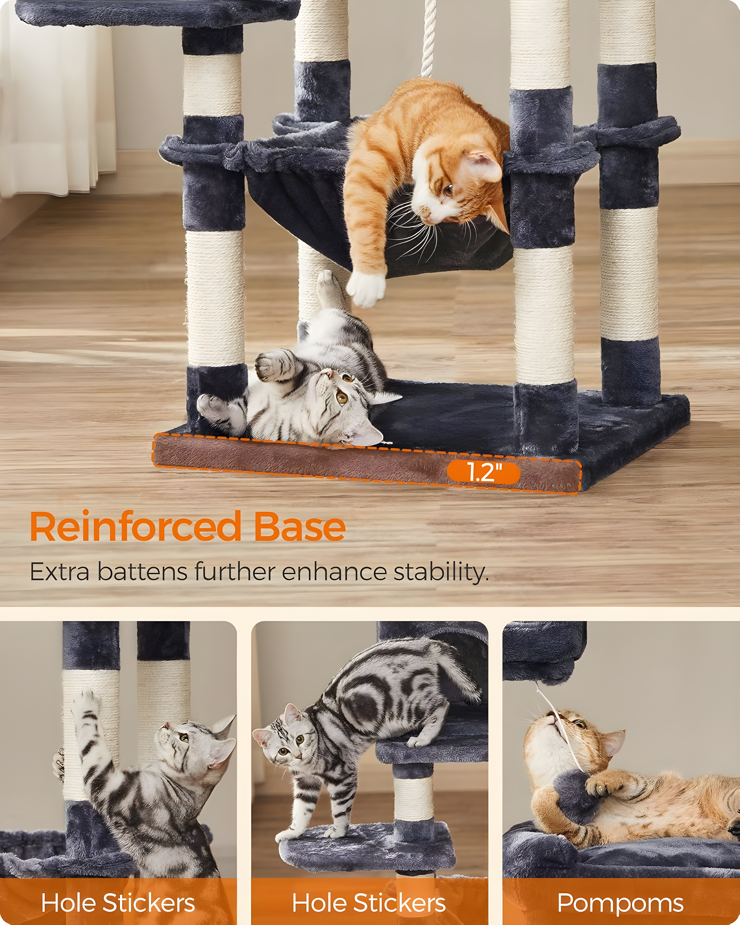 2-Level 56.3" Cat Tree with Scratching Posts & Hammock, Smoky Gray
