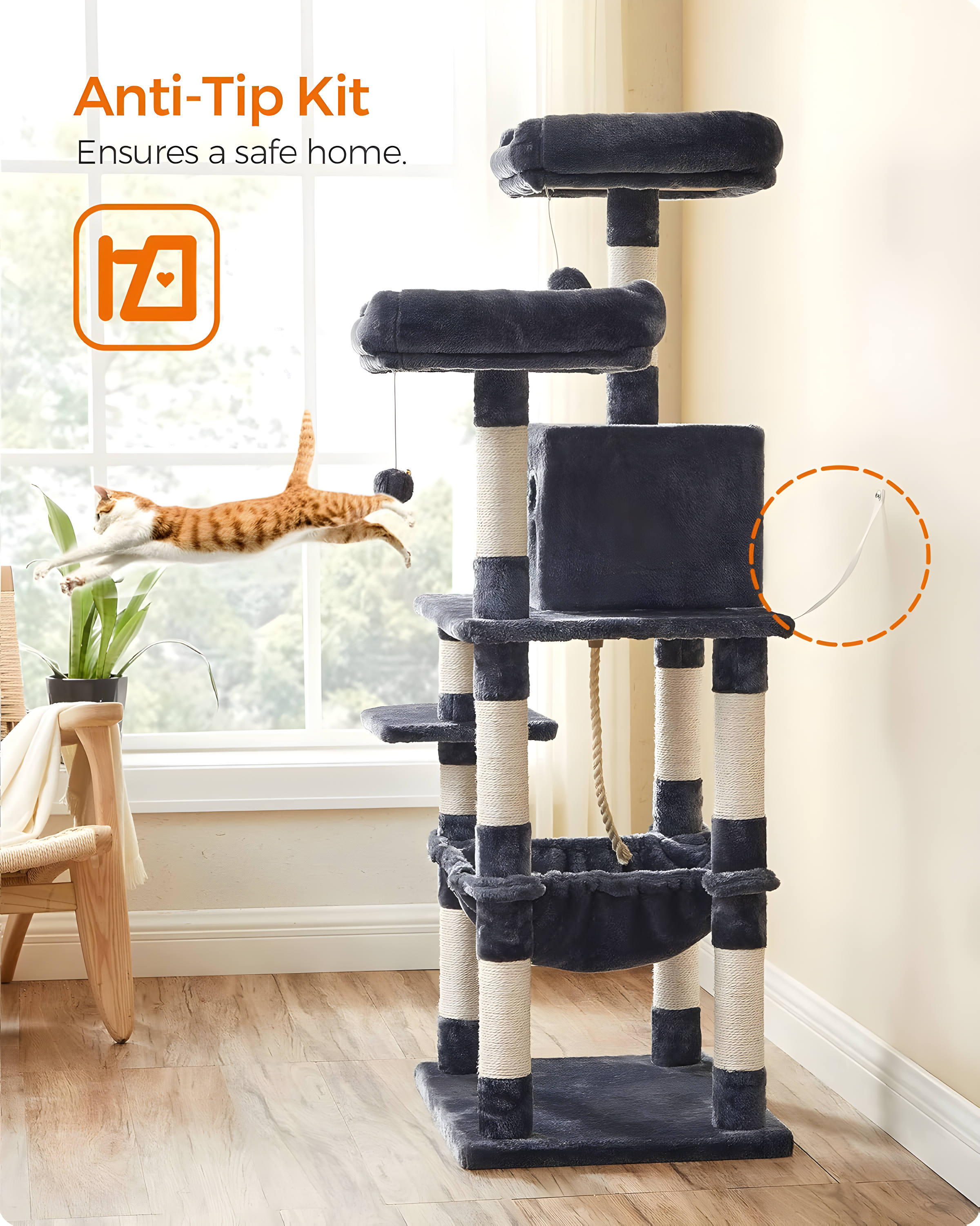 2-Level 56.3" Cat Tree with Scratching Posts & Hammock, Smoky Gray