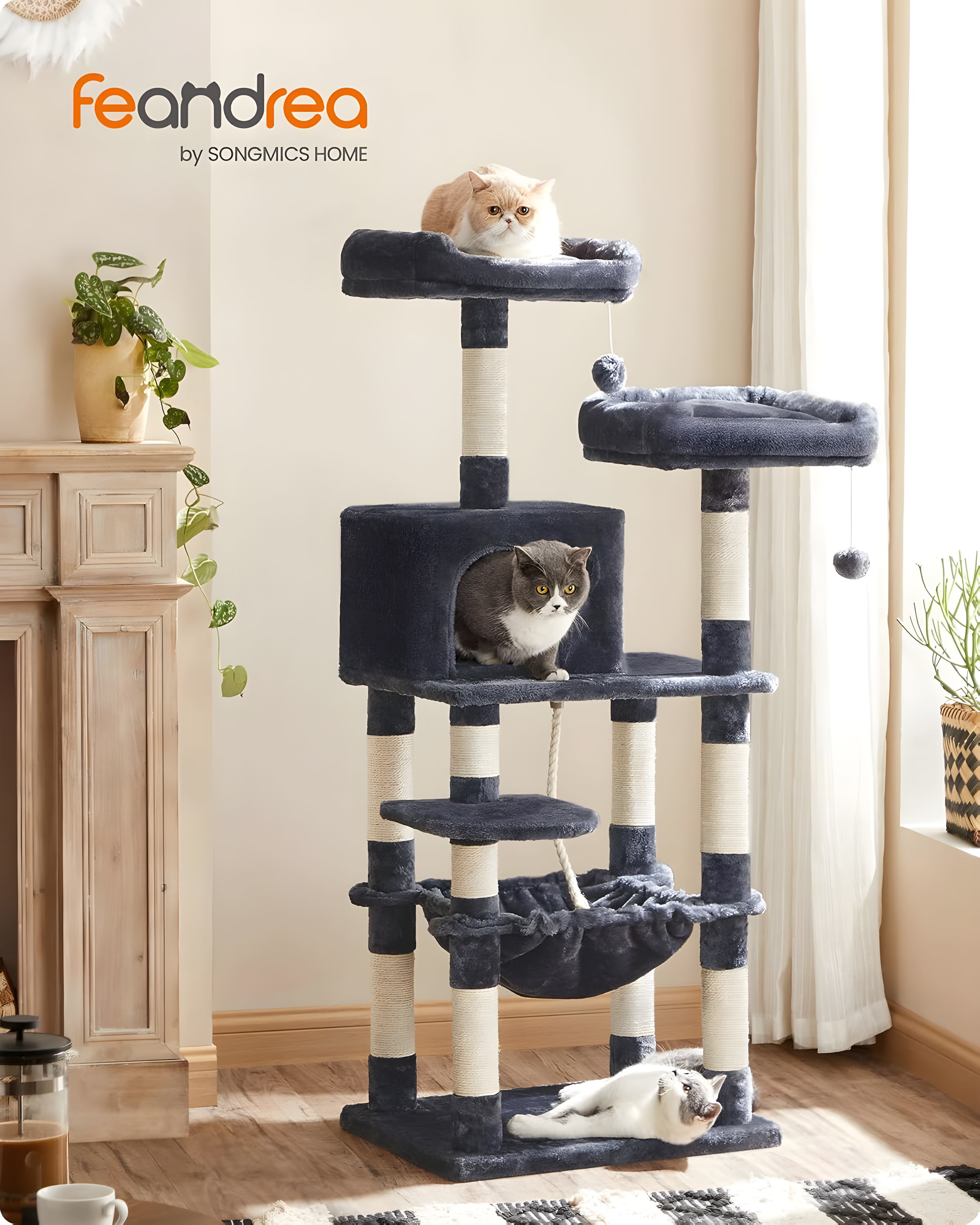 2-Level 56.3" Cat Tree with Scratching Posts & Hammock, Smoky Gray