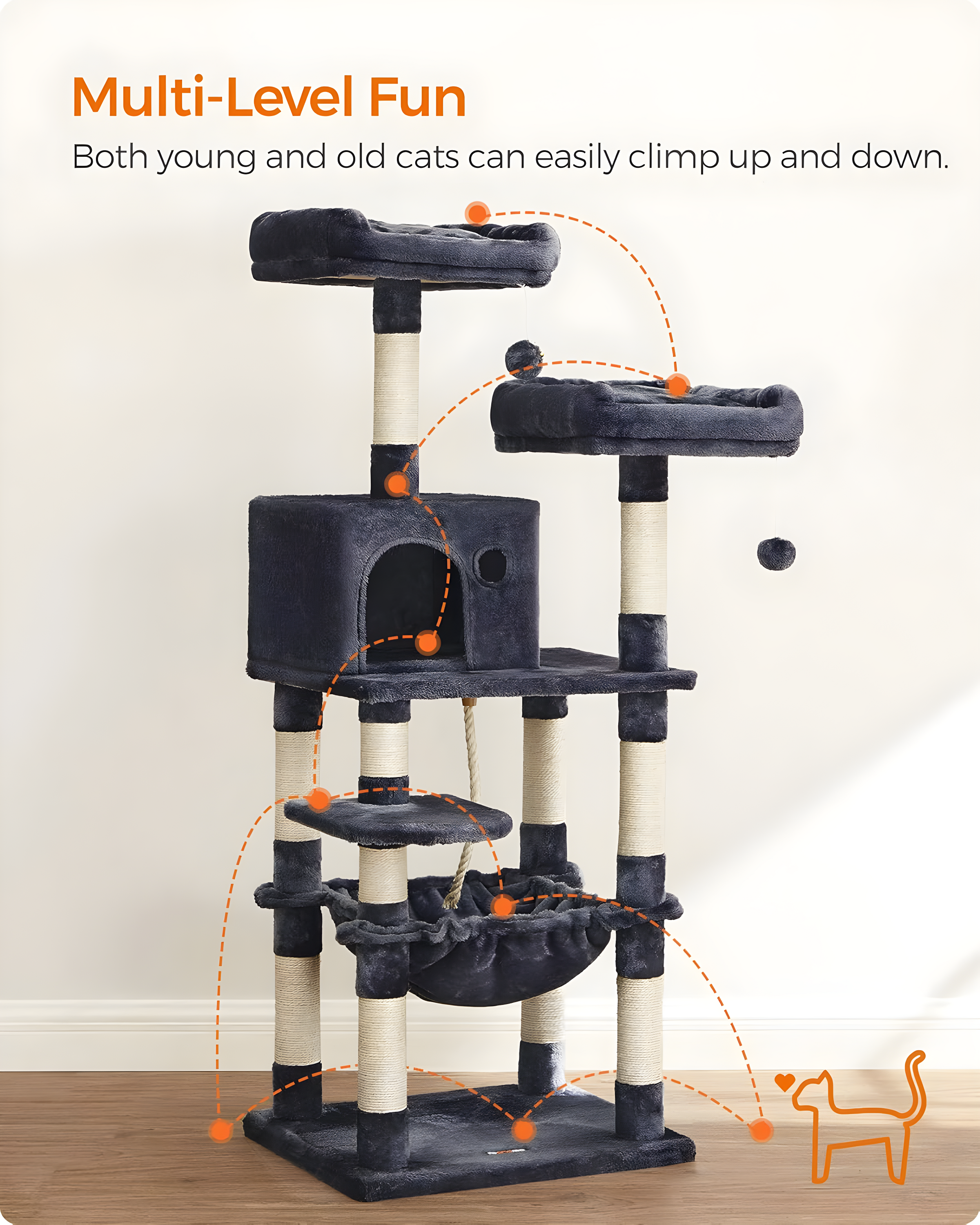 2-Level 56.3" Cat Tree with Scratching Posts & Hammock, Smoky Gray