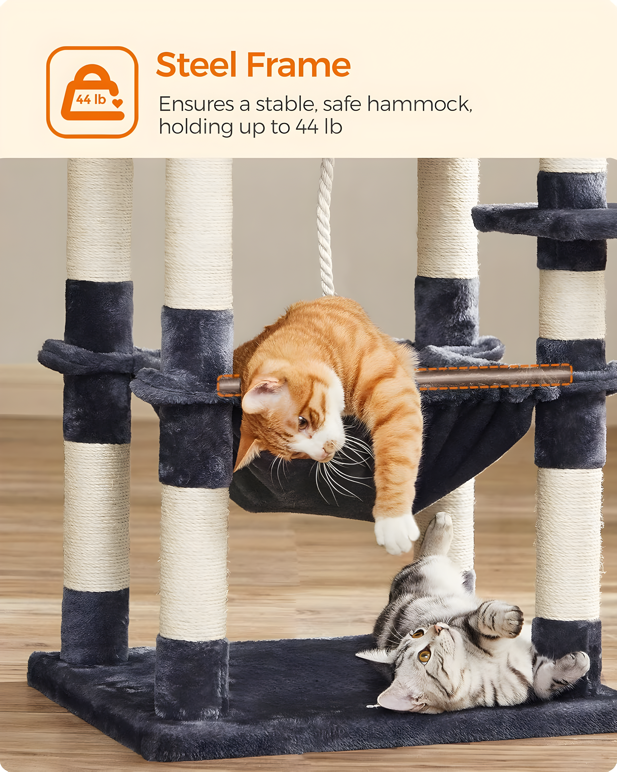 2-Level 56.3" Cat Tree with Scratching Posts & Hammock, Smoky Gray