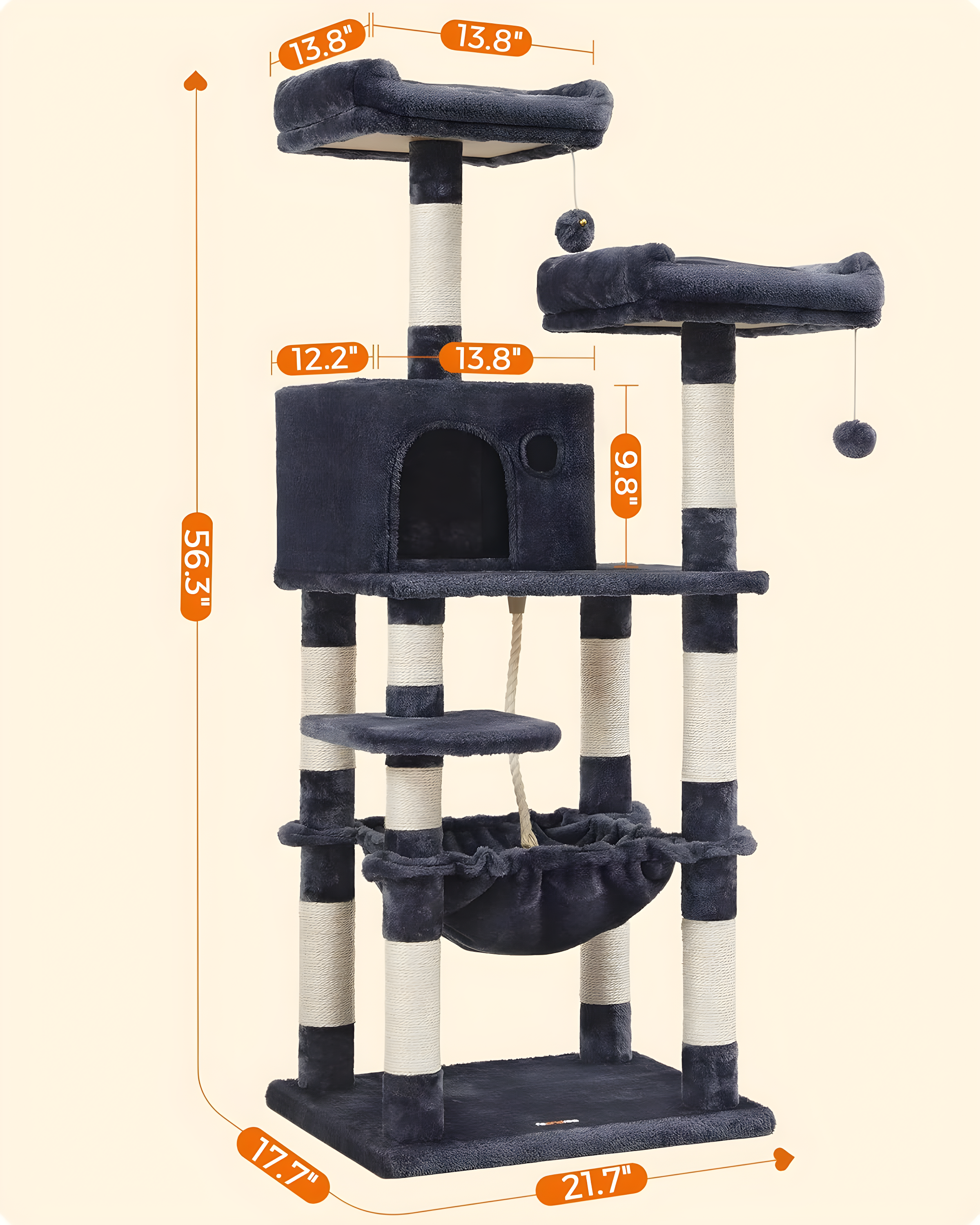 2-Level 56.3" Cat Tree with Scratching Posts & Hammock, Smoky Gray