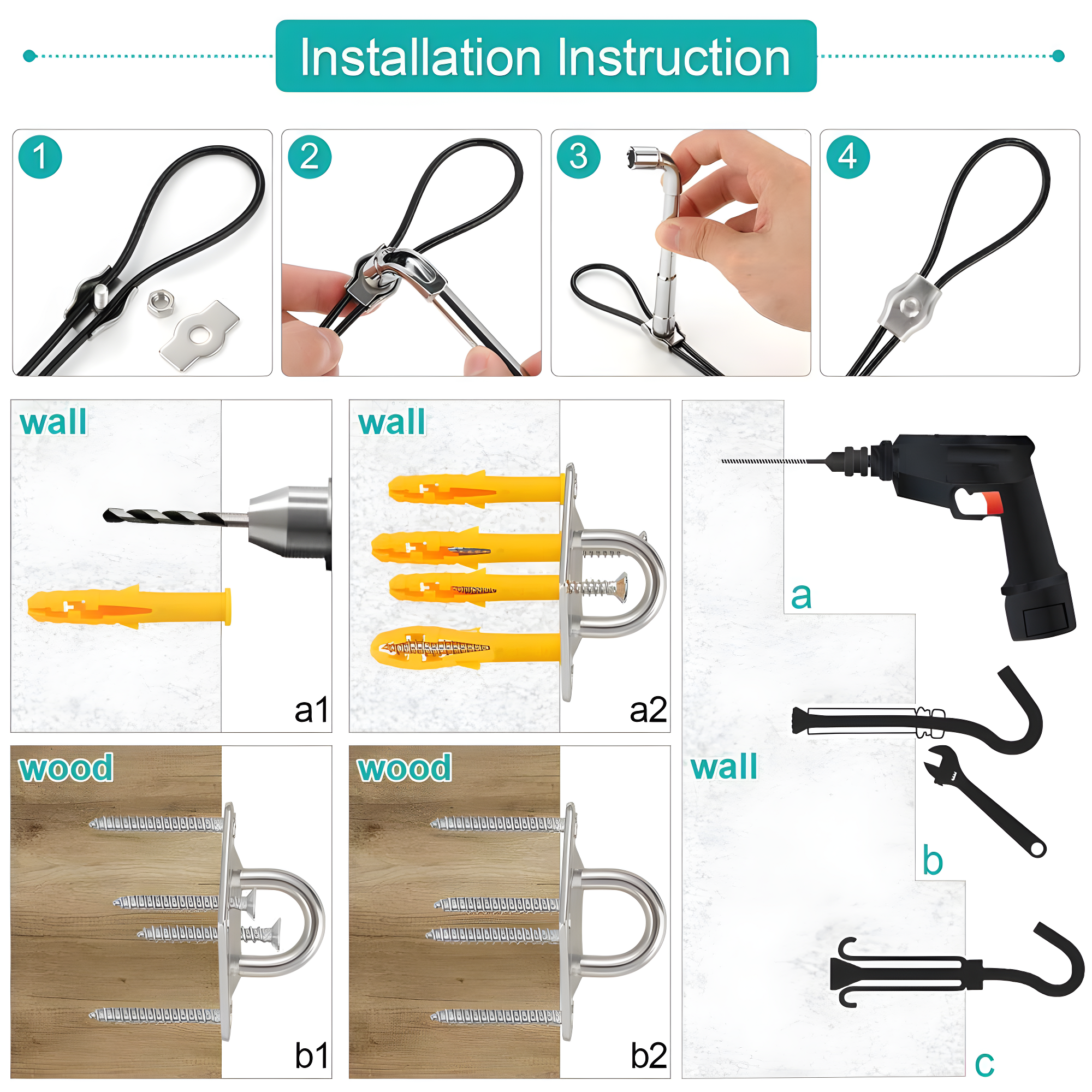 Sun Shade Sail Hardware Kit with 4pcs 10ft Length Extension Nylon Wire Rope,Shade Sails Installation Kits for Triangle Rectangle Shade Canopy,Shades Awning Kit is 304 Stainless Steel,Garden Outdoors