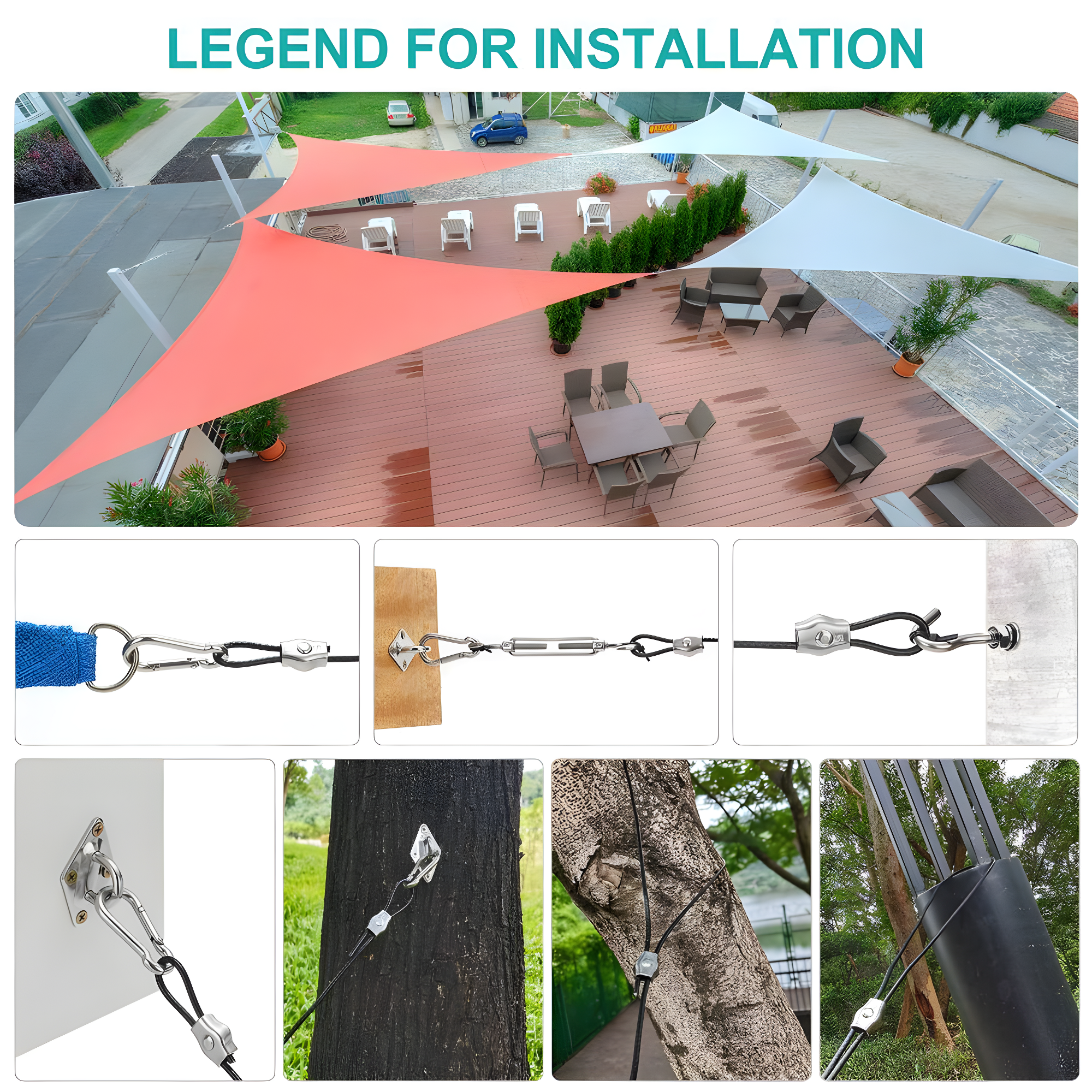 Sun Shade Sail Hardware Kit with 4pcs 10ft Length Extension Nylon Wire Rope,Shade Sails Installation Kits for Triangle Rectangle Shade Canopy,Shades Awning Kit is 304 Stainless Steel,Garden Outdoors