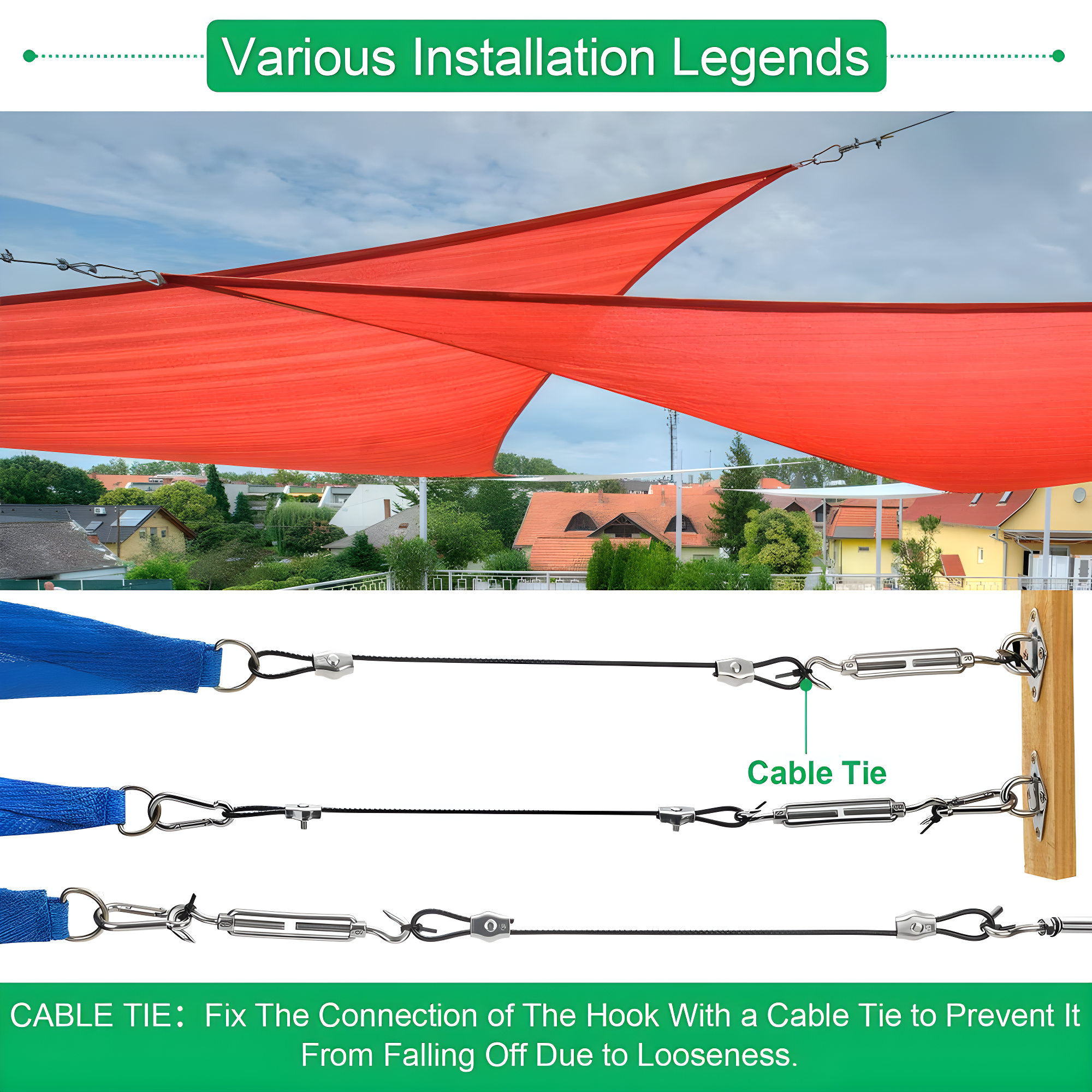 Sun Shade Sail Hardware Kit with 4pcs 10ft Length Extension Nylon Wire Rope,Shade Sails Installation Kits for Triangle Rectangle Shade Canopy,Shades Awning Kit is 304 Stainless Steel,Garden Outdoors