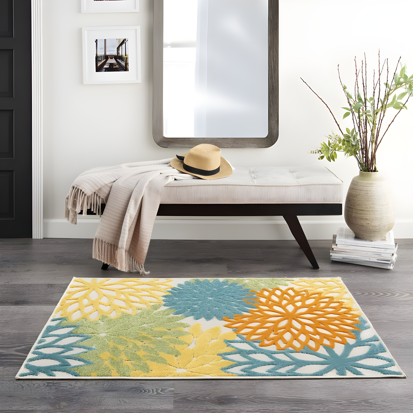 Nourison Aloha Floral Bloom Flatweave High-Low Indoor Outdoor Area Rug Turquoise Multicolor 2'8" x 4'