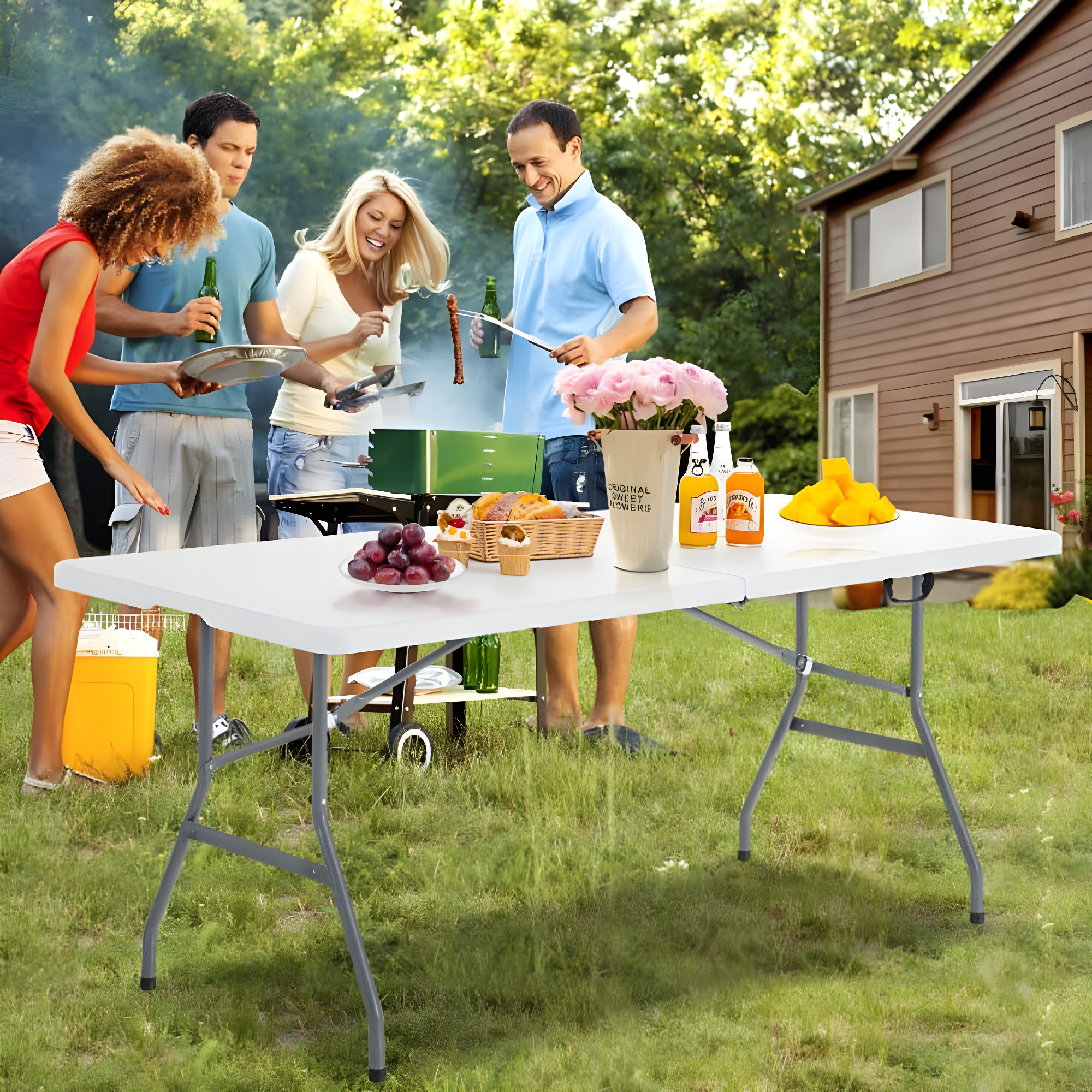 BestMassage Portable Plastic Picnic Table 8FT Outdoor Dining Table with Carrying Handle, White